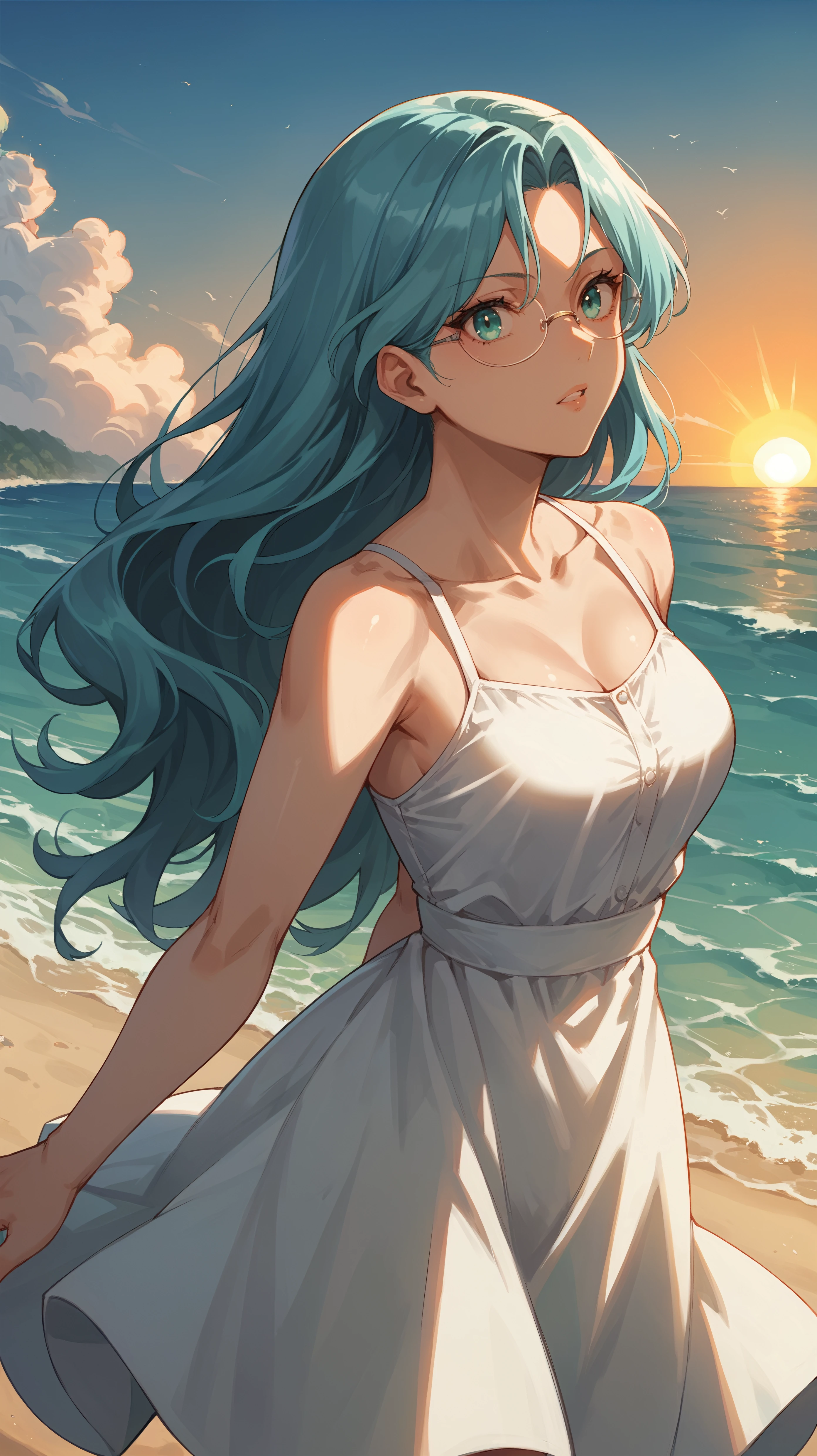 score_9,score_8_up,score_7_up,score_6_up, <lora:xl_more_art-full_v1:0.5>, source_anime, woman, dynamic pose, one arm behind her back, <lora:Eva Aensland - Pony-000004:0.8>, long hair, aqua hair, aqua eyes, round glasses, white sundress, seaside, ocean, waves, sunset, beach, outdoors
