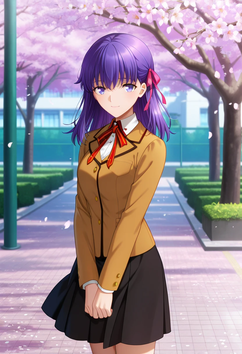 anime screencap, masterpiece, best quality,
<lora:FateStayNightUBW_MatouSakura_IlluXL:0.9>,
1girl, solo, closed mouth, light smile,
purple hair, long hair, purple eyes, hair ribbon, pink ribbon,
SakuraSchool, blazer, brown jacket, white shirt, neck ribbon, red ribbon, black skirt,
standing, looking at viewer, cowboy shot, legs,
outdoors, school, cherry blossoms, petals