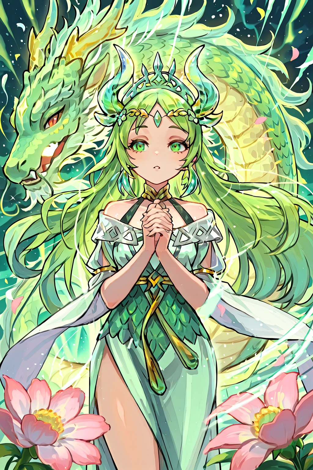 masterpiece,best quality, amazing quality, 8k resolution, fantasy, tra1ner, A serene scene where a woman, adorned in a traditional green and white dress, stands gracefully beside a majestic green dragon. The woman wears an ornate headpiece and holds a delicate object in her hand. The dragon, with its intricate scales and fierce yet calm expression, wraps around her, creating a protective and harmonious bond between them. The backdrop is dark, with subtle lighting highlighting the dragon and the woman, and there are floating pink flowers adding to the ethereal atmosphere,saba_styl3