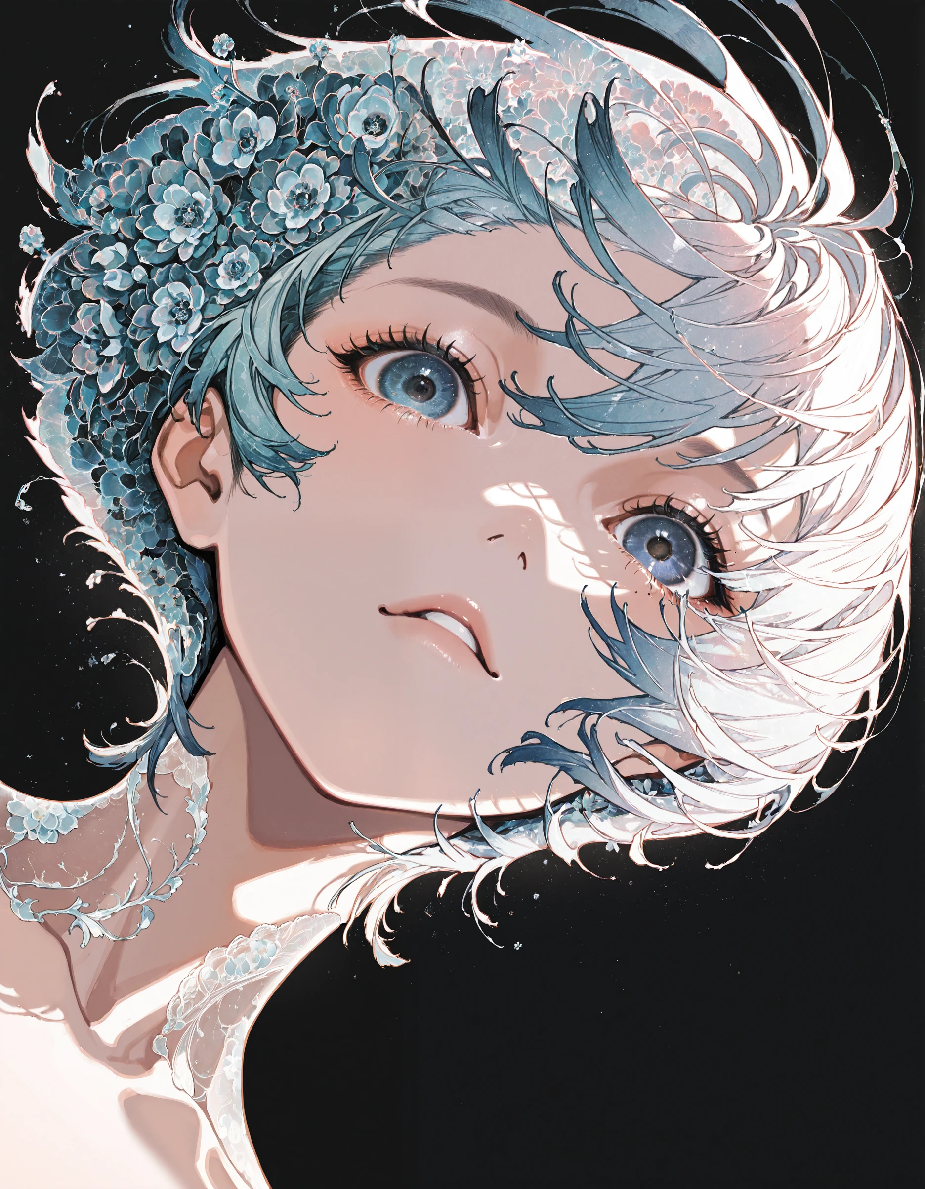 masterpiece, best quality, very aesthetic, digital art, surreal, dynamic composition, Y0ney4m4_illu, solo, 1girl, black background, looking at viewer, portrait, short hair, flower
,highly detailed, hyper-realistic, 8k, dynamic angle, illustration, intricate details,masterpiece, very aesthetic, absurdres, <lora:Yoneyama_Mai_illu:1>