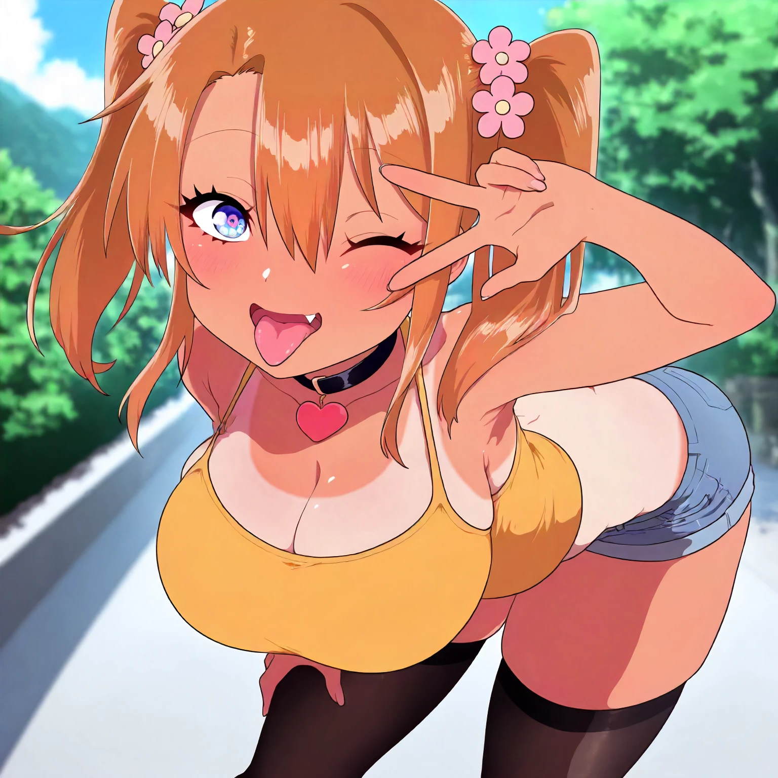 <lora:MGYC_yumaXLIllustrious003>,
masterpiece,best quality,good quality,newest,
detailed background,outdoors,
one eye closed,tongue out,open mouth,fang,
looking at viewer,
solo,
anime coloring,
yuma\(yuma_chan_ni_aisareru\),1girl,mature female,brown hair,flower hair ornaments,twintails,multicolored eyes,
large breasts,tan,
one-piece tan,
heart choker,
yellow camisole,
denim shorts,
black_thighhighs,
leaning_forward,v over eye,