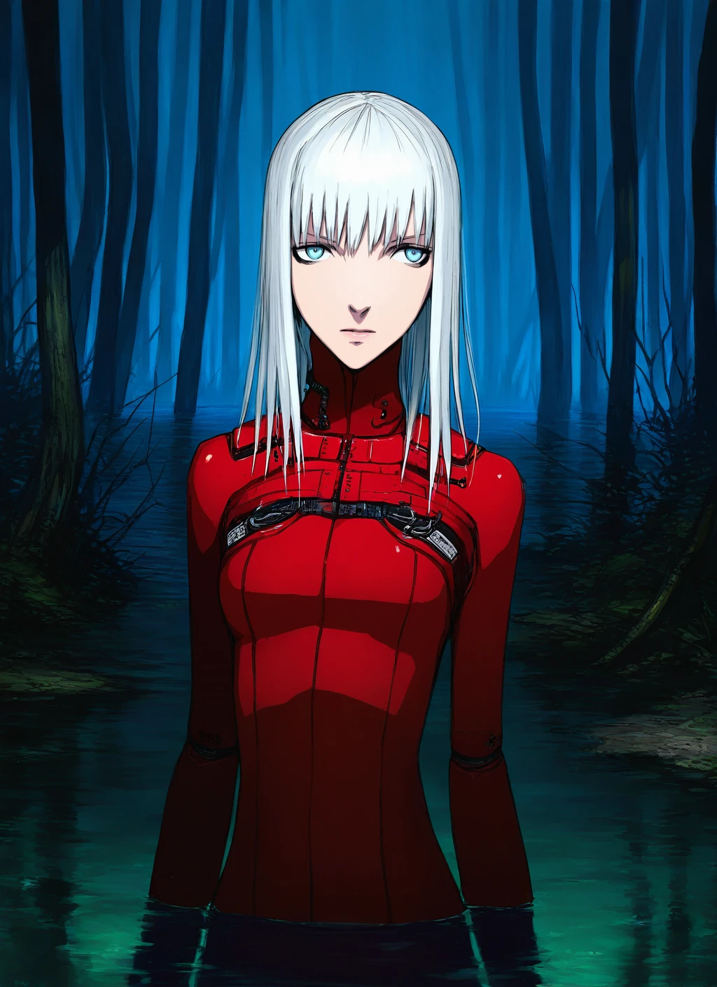 artist:, masterpiece, best quality, newest, very awa, absurdres, highres, tmnh, 1girl, cibo, white hair, blue eyes, red top, daytime, swamp, river, mechanisms, detailed, <lora:Tsutomu_Nihei_Blame_Style_Illustrious:1.0>