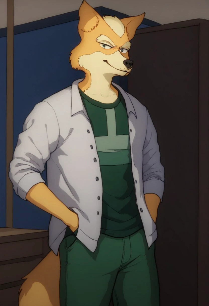 score_9_up, score_8_up, score_7_up, Masterpiece, best quality, high quality, detailed, male, solo male, 1boy, Fox McCloud, anthro, fox, mature male, animal ears, tan yellow fur, thick eyebrows, green eyes, athletic build, wide hips, thick thighs, indoors, looking at viewer, standing, hands in pants pockets, smiling, green shirt, white jacket, green pants, half body