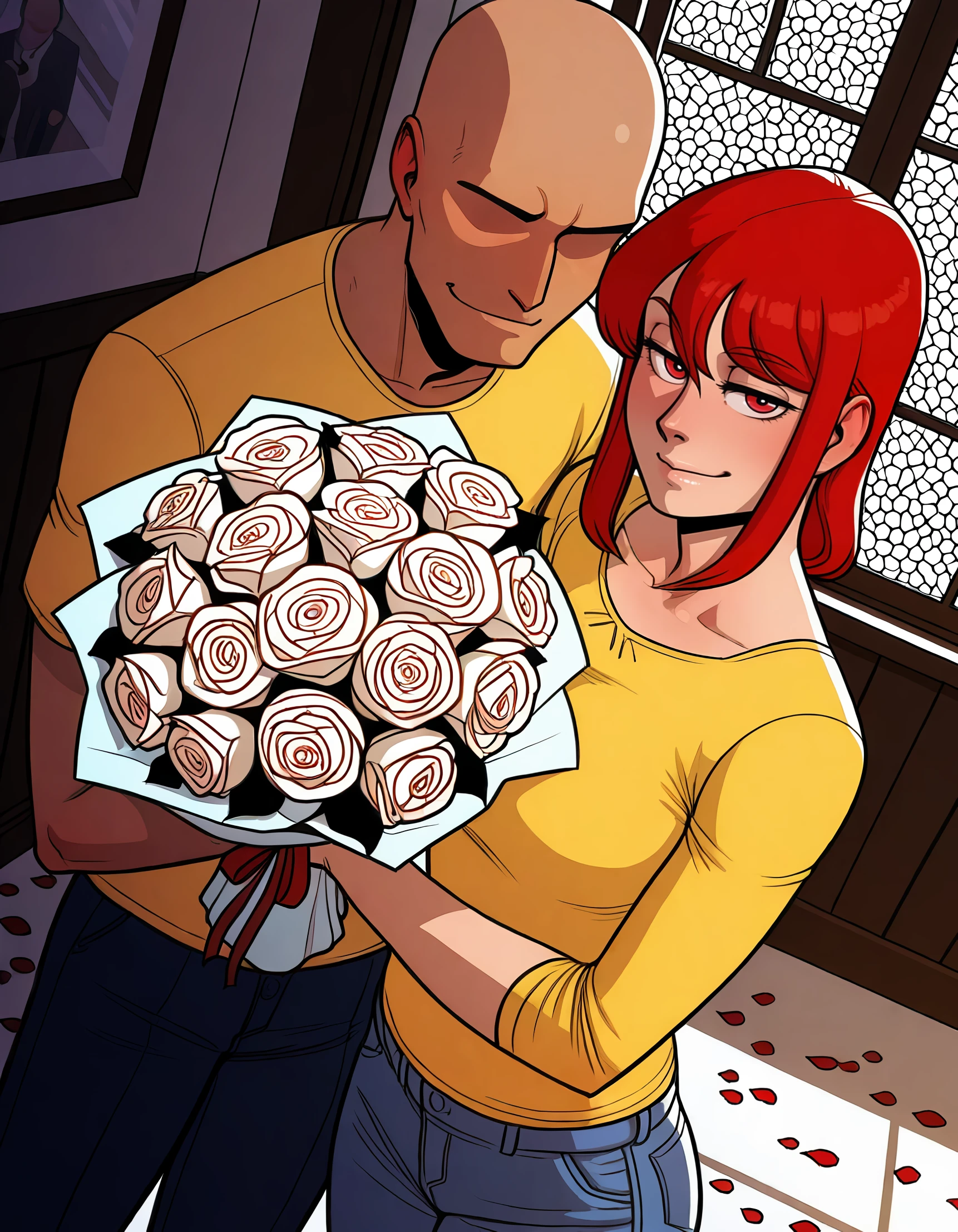 <lora:natsumi_il:1> rating:safe, natsumi, long_hair, red_hair, red_eyes, mature_female, yellow_shirt, denim, jeans, 1boy, bouquet, colored_eyelashes, dutch_angle, flower, glowing, glowing_petals, holding, holding_bouquet, holding_flower, indoors, looking_at_viewer, petals, rose, smirk, solo, stained_glass, standing, (faceless_male, bald), (incase:1.3), (1980s_\(style\)),, masterpiece, detailed, best_quality