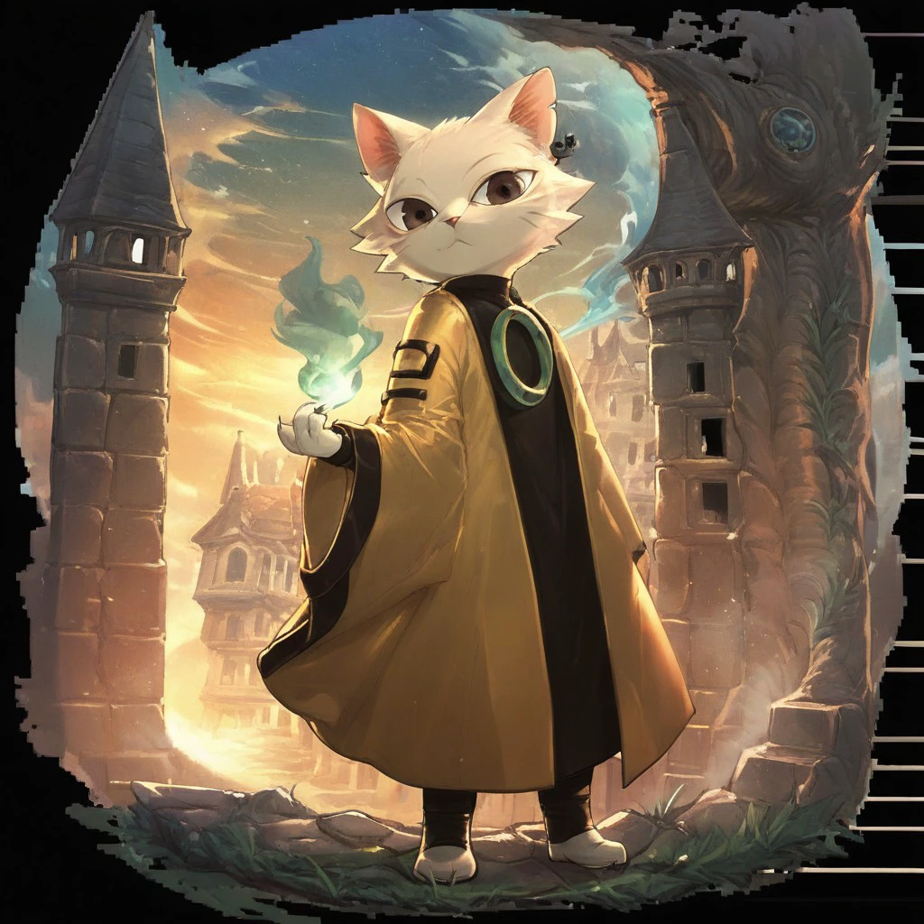 yi, OctopathCOTC, zuppu11, 1boy, solo, domestic cat, felid, feline, felis, mammal, solarian, white fur, anthro, dark yellow clothing, detailed background, looking at viewer, male, score_9, score_8_up, score_7_up, holding a lantern with a pale blue flame inside, standing before a gothic style stone tower