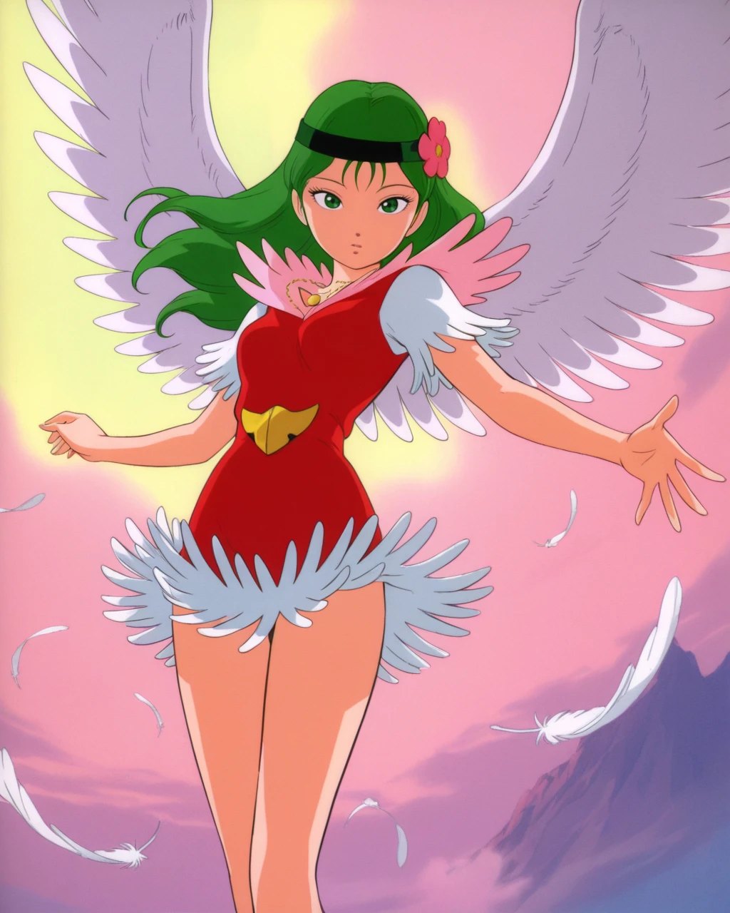 masterpiece, hires,1girl, solo, Nazca, green hair, long hair, green eyes, headband with flower, red dress with pink collar, white fringed shoulders, white fringed hem,  necklace, gold emblem, wings, wings out stretched, flying,<lora:naz_il:1>, official art, view from below