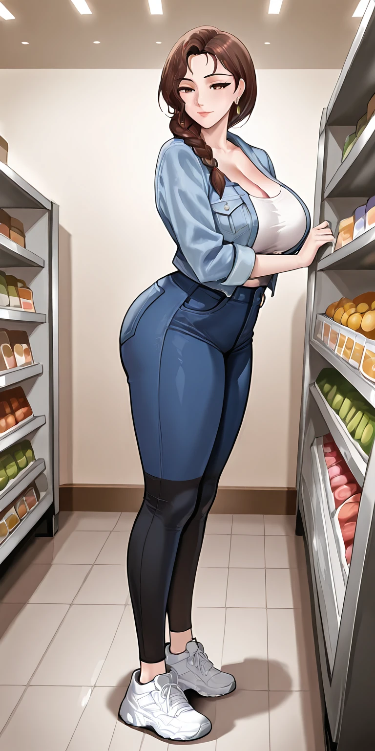 (best quality), solo, 1futa, a slim middle-aged futanari woman. (The woman has a huge massive bulge in her crotch with huge testicles), causing a noticeable protrusion in her jeans.  She wears glasses and looks like a Karen. Annoyed and angry expression. She wears blue jeans, a white shirt, a short blue jacket and black hair. (futa_overflow). small breasts. fast food restaurant background.