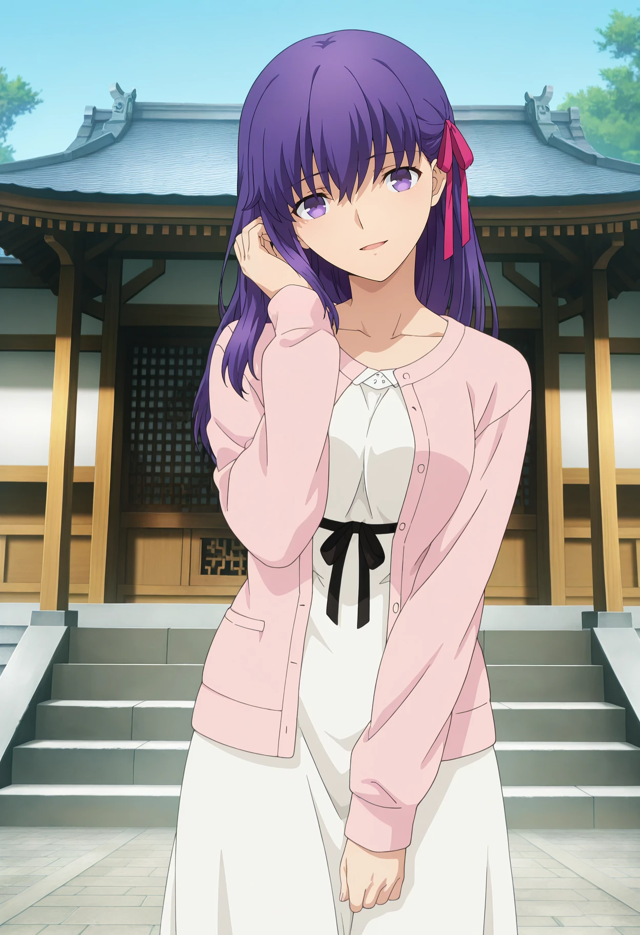 anime screencap, masterpiece, best quality,
<lora:FateStayNightUBW_MatouSakura_IlluXL:0.9>,
1girl, solo, open mouth, light smile, head tilt, adjusting hair,
purple hair, long hair, purple eyes, hair ribbon, pink ribbon,
SakuraCasual, cardigan, pink sweater, white dress, black ribbon,
standing, looking at viewer, cowboy shot,
outdoors, east asian architecture, day