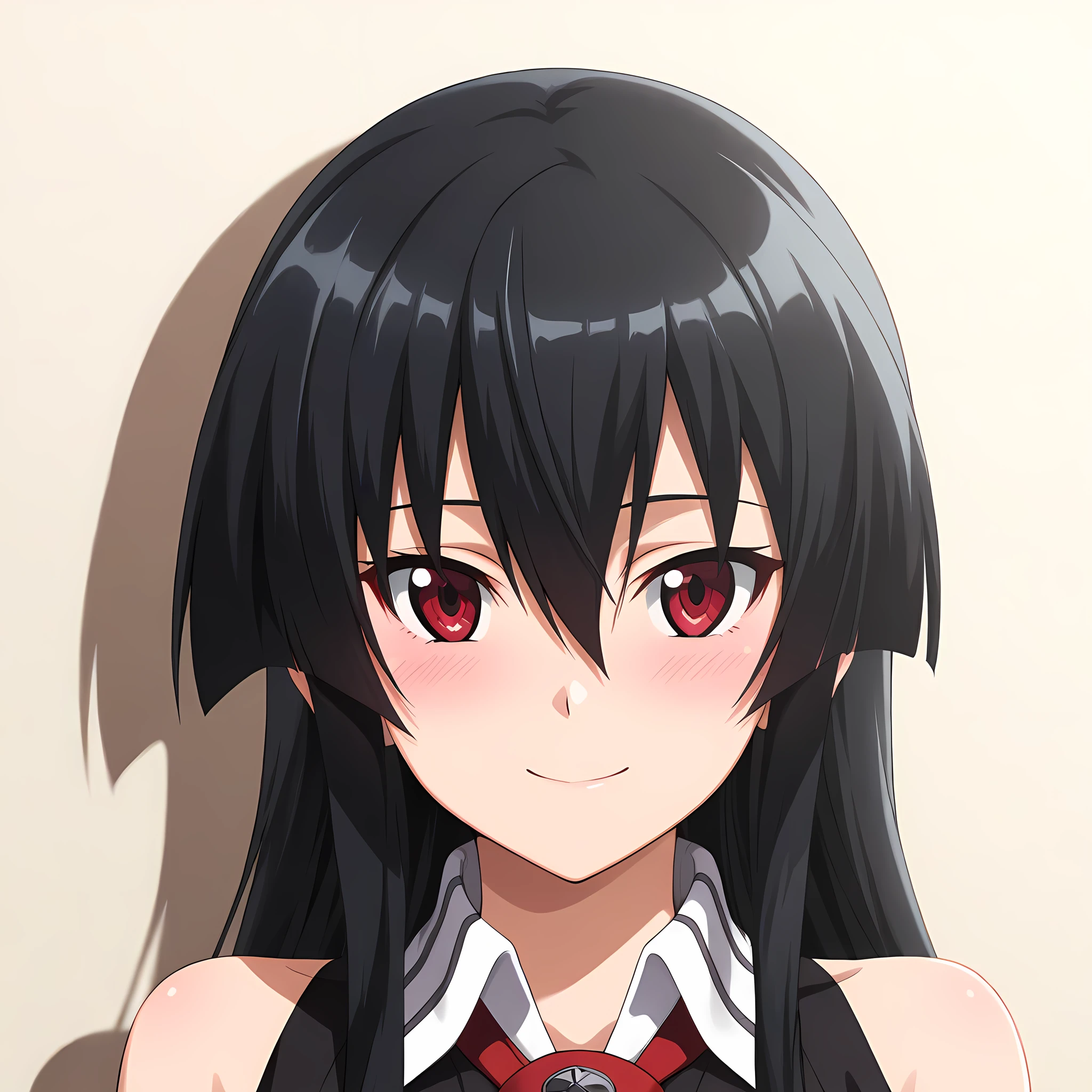akame-illustxl, 1girl, black hair, solo, red eyes, long hair, blush, smile, bare shoulders, looking at viewer, hair between eyes, sleeveless, from the front view, portrait <lora:Akame-IllustXL:1>, (masterpiece),(best quality),(ultra-detailed),(best illustration),(best shadow),(absurdres),(detailed background),(very aesthetic),