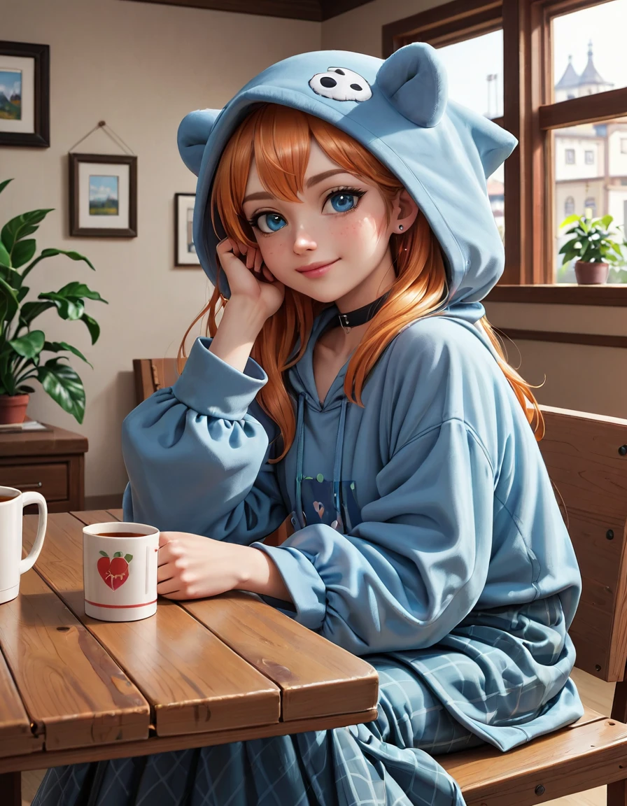 score_9, score_8_up, score_8_up, masterpiece, best quality, 1girl, solo, Gadget Hackwrench (Rescue Rangers), ahoge, cherry earrings, choker, oversized hoodie, animal hood, wide sleeves, long skirt, high-waist skirt, plaid skirt, indoors, cafe, sitting, table, cup, coffee mug, arm rest, smile, head tilt, intricate details, 8k.,