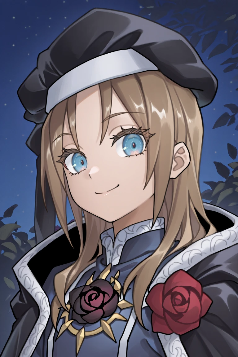 <lora:RoswellIL:0.8> , roswdef, 1boy, brown hair, long hair, blue eyes, black beret, black cloak, rose, flower, blue uniform, ((face, close-up)), portrait, smile, night, looking at viewer, masterpiece, very aesthetic, absurdres, best quality, amazing quality, high resolution, <lora:illustrious_quality_modifiers_masterpieces_v1:0.8> , <lora:ChamIllustriousBackgroundEnhancer:0.5>,  solo,