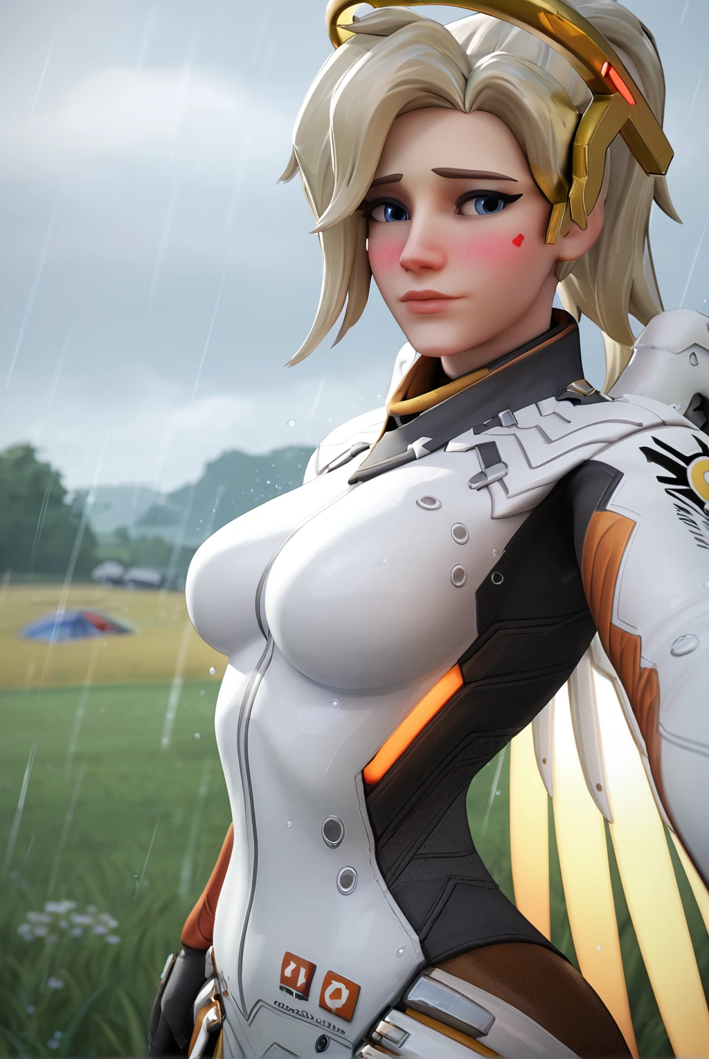 score_9, score_8_up, score_7_up, 1girl, mercy (overwatch), long hair, blue eyes, blonde hair, long sleeves, hair ornament, ponytail, black gloves, halo, bodysuit, turtleneck, headgear, pelvic curtain, brown pantyhose, mechanical halo, loincloth, mechanical wings, yellow wings, overwatch1 bodysuit, rain, cloudy, grey sky, stormclouds, outdoors, field, standing, blush, nervous, shy, embarrassed, selfie, black smartphone, (portrait, close up, upper body:1.2), (overwatch artstyle), looking away