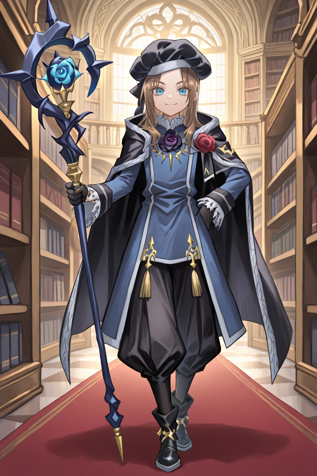 <lora:RoswellIL:0.8> , roswdef, 1boy, brown hair, long hair, blue eyes, black beret, black cloak, rose, flower, blue uniform, long sleeves, frilled sleeves, black gloves, puffy pants, black pants, black footwear, looking at viewer, smile, interior, study, library, bookshelves, hand on hip, holding staff, staff masterpiece, very aesthetic, absurdres, best quality, amazing quality, high resolution, <lora:illustrious_quality_modifiers_masterpieces_v1:0.8> , <lora:ChamIllustriousBackgroundEnhancer:0.5>,  solo,