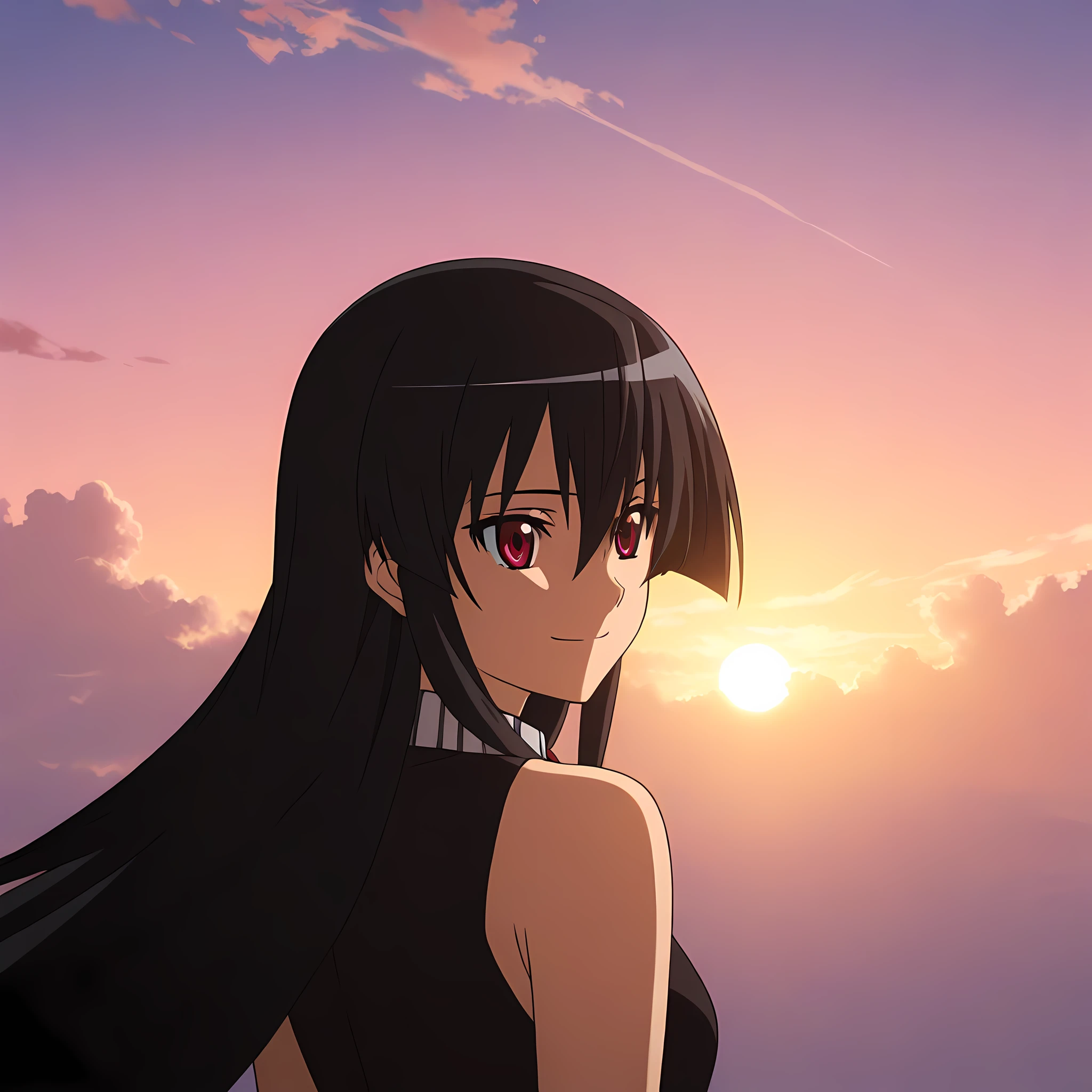 akame-illustxl, 1girl, solo, red eyes, black hair, long hair, smile, anime coloring, sky, cloud, bare shoulders, sunset, upper body,  <lora:Akame-IllustXL:1>, (masterpiece),(best quality),(ultra-detailed),(best illustration),(best shadow),(absurdres),(detailed background),(very aesthetic),