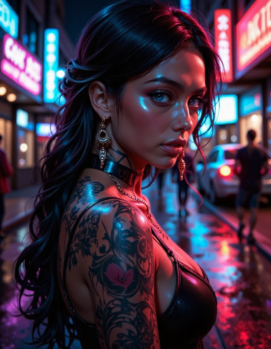 Lighting & Effects: Enhanced with neon lighting effects, the piece captures the vibrancy of night life, giving her tattoos a luminous glow thatâs electrifying against the urban backdrop.