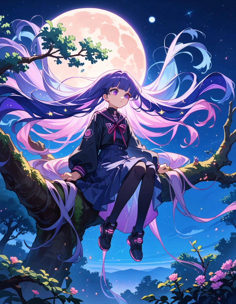 score_9, score_8_up, score_7_up, source_anime,
surreal,
1girl,Kpop idol, very long hair, floating hair,glowing hair,
night scene,moon in the sky,purple hues,starry night,dreamlike atmosphere,glowing edges,mystical,high contrast,ethereal light,sitting on a tree branch,light particles,