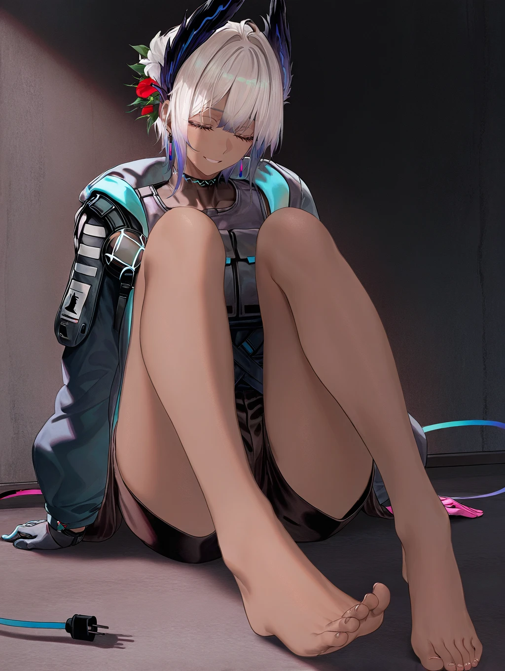 {{masterpiece}}, best quality, extremely detailed CG unity 8k wallpaper, cinematic lighting, lens flare, beautiful detail eyes, black, side glance, multicolor short white hair, colorful light, particles, heterochromia, (colorful:1.5), (colorful hair:1.5), Sexy bikini, bikini armor, nipple slip