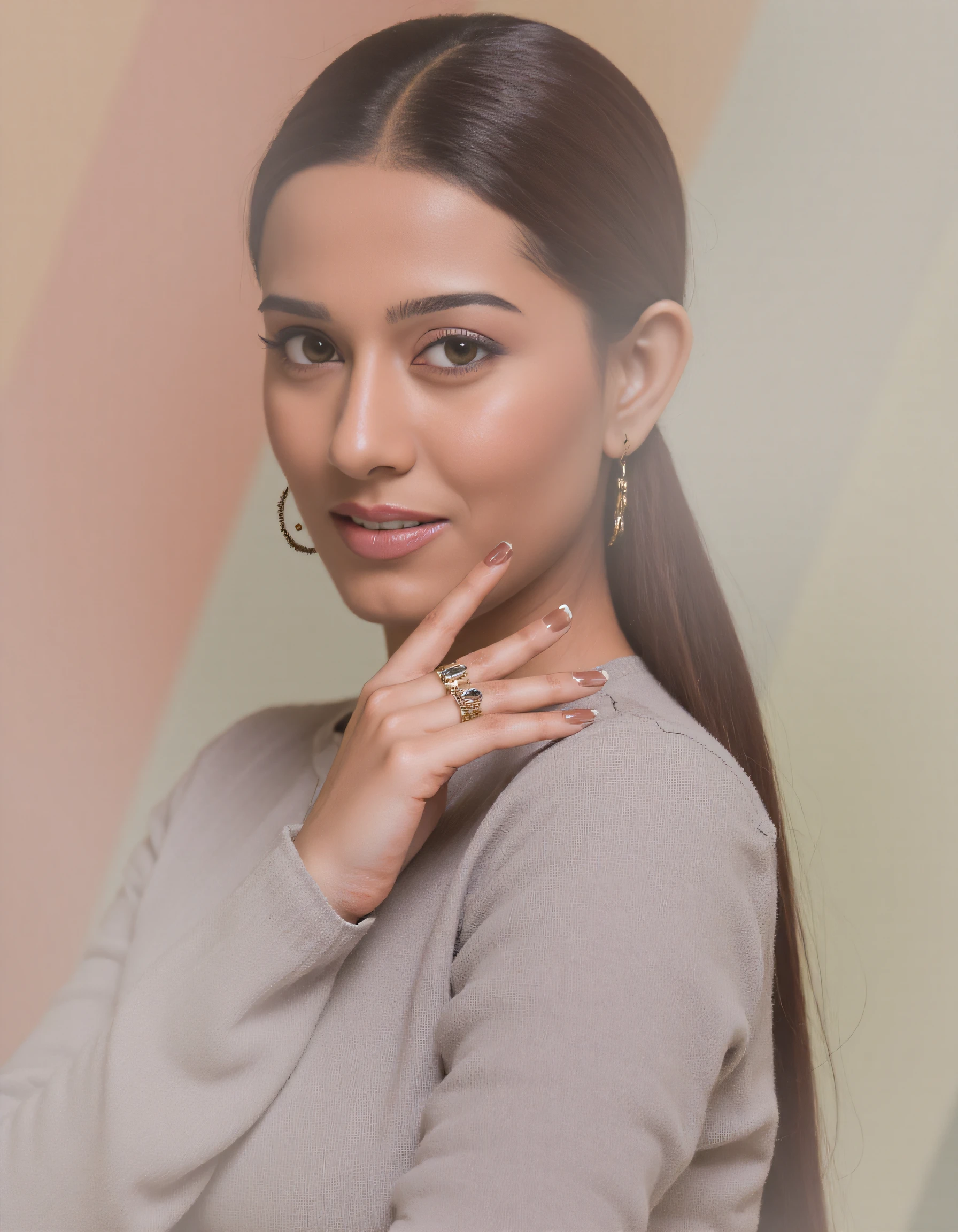 cowboy shot photo of Amrita Rao woman,hyper realistic candid photo serious,studio quality, wearing intricate conservative long sleeved Grey Phulkari Suit, high ponytail, pastel shaded multicolored background, cinematic lighting <lora:Amrita_Rao_Flux_Kohya_LoRA_v1:1>âââ