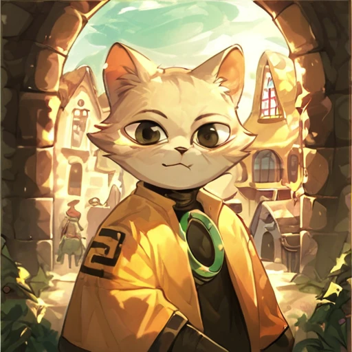 <lora:OctopathCOTC:0.6> <lora:Yi_Nine_Sols:1>yi, 1boy, solo, domestic cat, felid, feline, felis, mammal, solarian, white fur, anthro, dark yellow clothing, detailed background, looking at viewer, male, score_9, score_8_up, score_7_up, cute, medieval tower in background