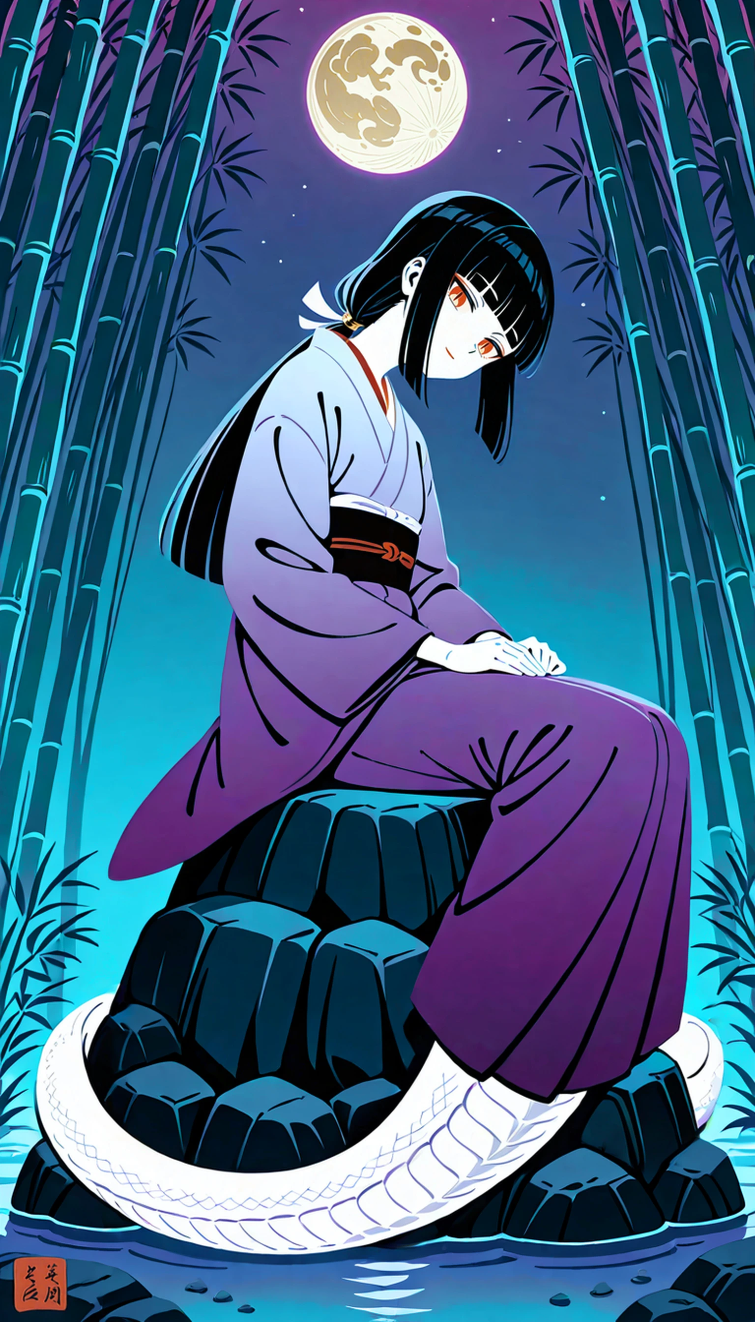 [realistic::0.01], perspective, [(muscular female:0.5)::0.1],[(flat color, limited palette:1):0.1],(light blue and white tone:1)
1girl, solo, long black hair,straight hair,low ponytail,blunt bangs,(lamia:1.1), (jitome:0.8),violet kimono,japanese clothes, red eyes, white skin, gold ornament,slit pupils, (parted lips:1),hime cut,  [flat chest:small breast:0.2], (from side:1.1),(narrowed eyes:0.1),
pose, [(narrow waist:0.1)::0.1],sitting on rock,(leaning forwald:1.2),looking at viewer,light smile,head tilt, drop shadow,night,star,moon,bamboo forest, (ukiyo-e:1.2), 
violet gradient background,old japan room,(cute:1.2)
<lora:Fixhands_anime_bdsqlsz_V1:1>,<lora:DobunezuMix-Illustrious:0.5>,<lora:No_outline-Illustrious:1> 
characters, copyright, style, general tags, rating, best quality, good quality, newest