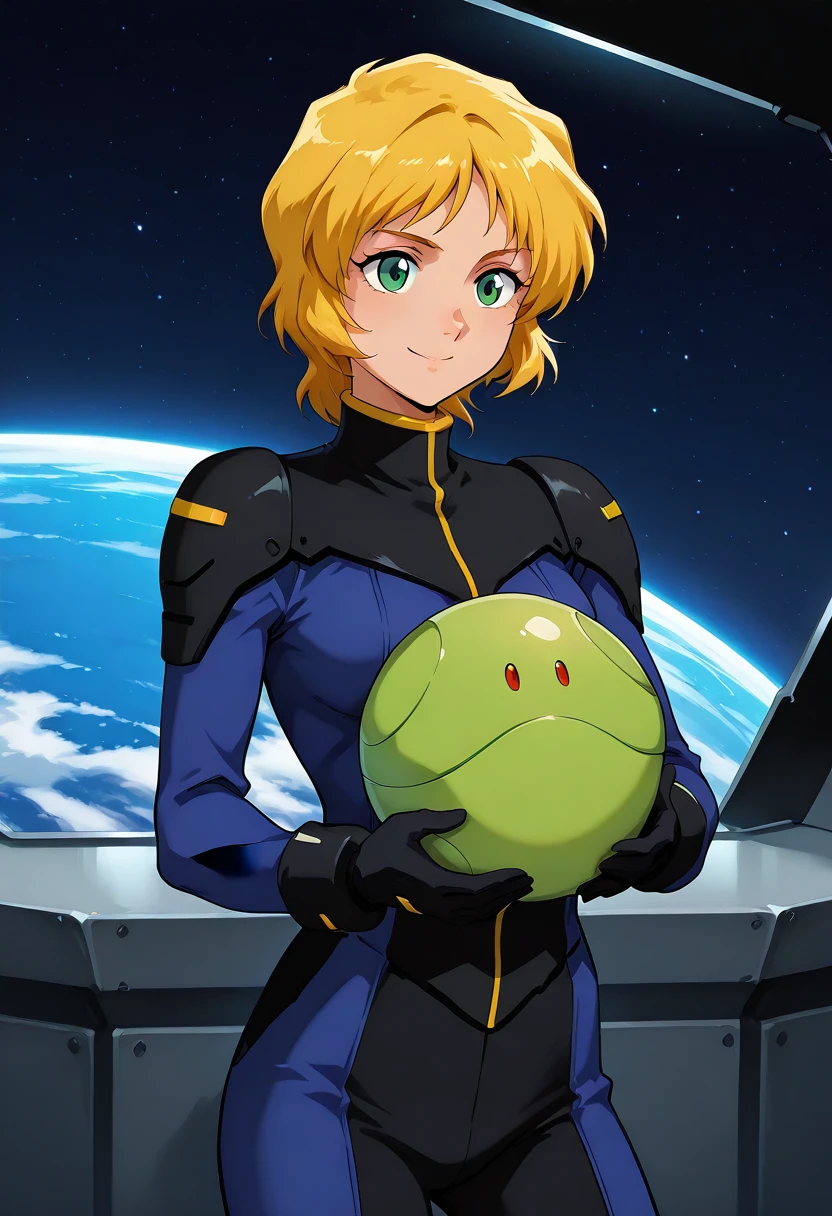 masterpiece, best quality, good quality, 1girl, holding haro, smile, space ship, Ellis Claude, blond hair, short hair, body suit, green eyes