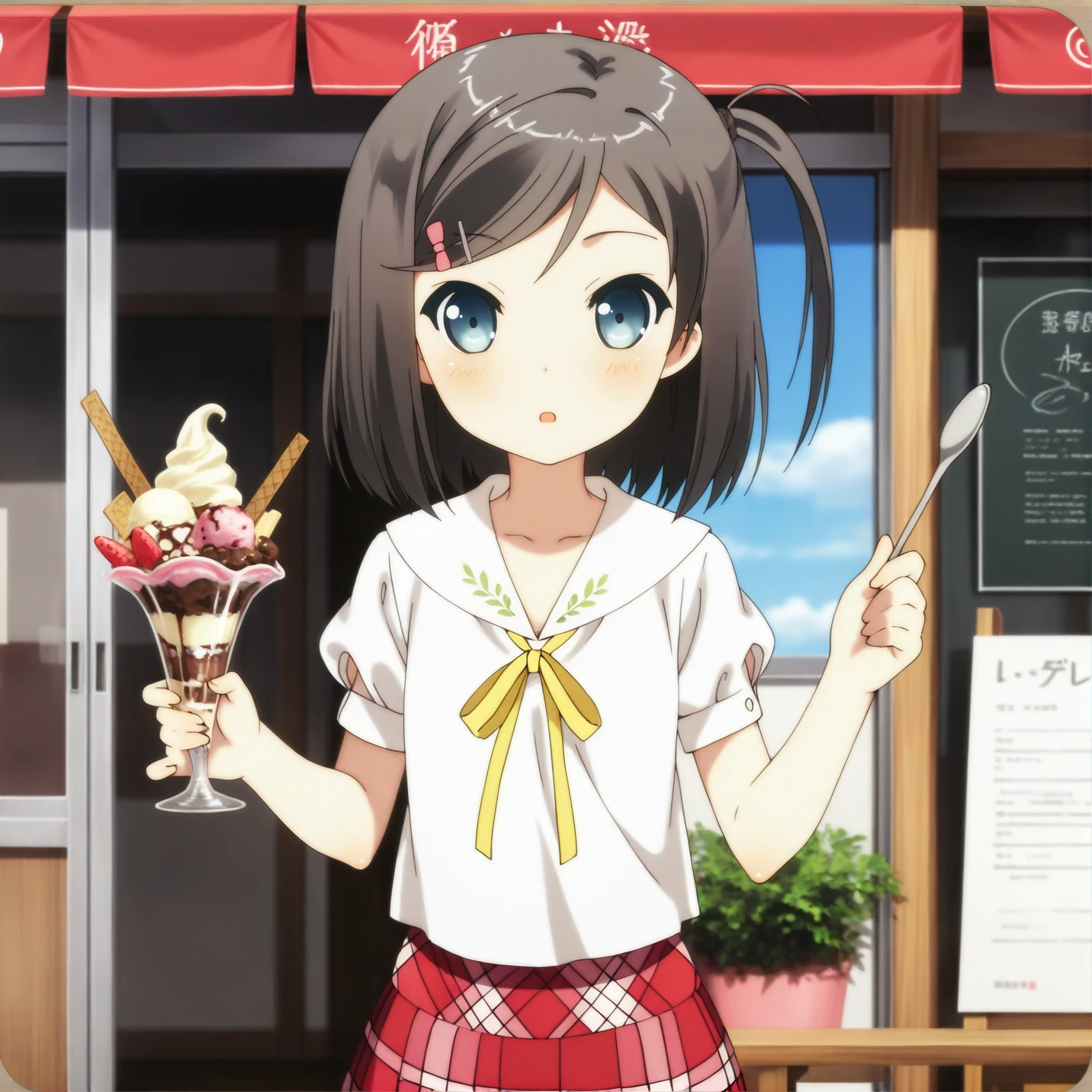 masterpiece, best quality, amazing quality, very aesthetic, absurdres, tsutsukakushi tsukiko, blue eyes, one side up, 1girl, solo, uniform, white shirt, plaid skirt, yellow ribbon, ice cream, holding, sundae, happy, joyful, hungry <lora:tsukiko_v1:1>