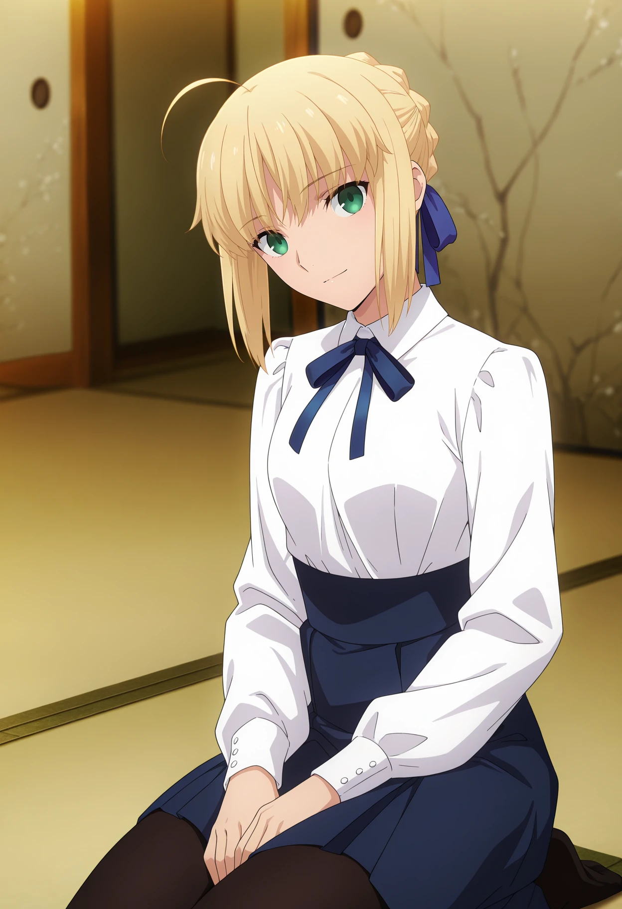 anime screencap, masterpiece, best quality,
<lora:FateStayNightUBW_Saber_IlluXL:0.9>,
1girl, solo, closed mouth, light smile, head tilt,
blonde hair, green eyes, short hair, french braid, ahoge, hair ribbon, blue ribbon,
SaberCasual, white shirt, neck ribbon, blue ribbon, long sleeves, high-waist skirt, blue skirt, black pantyhose,
seiza, looking at viewer, cowboy shot,
indoors, tatami