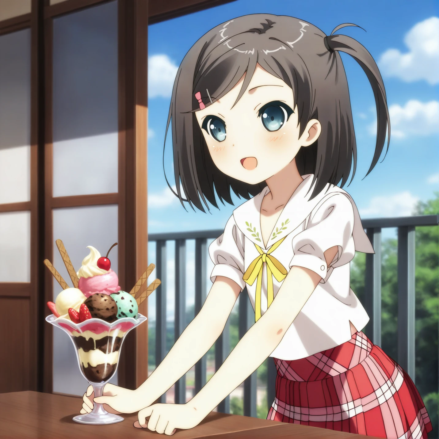 masterpiece, best quality, amazing quality, very aesthetic, absurdres, tsutsukakushi tsukiko, blue eyes, one side up, 1girl, solo, uniform, white shirt, plaid skirt, yellow ribbon, ice cream, holding, sundae, happy, joyful, hungry <lora:tsukiko_v1:1>