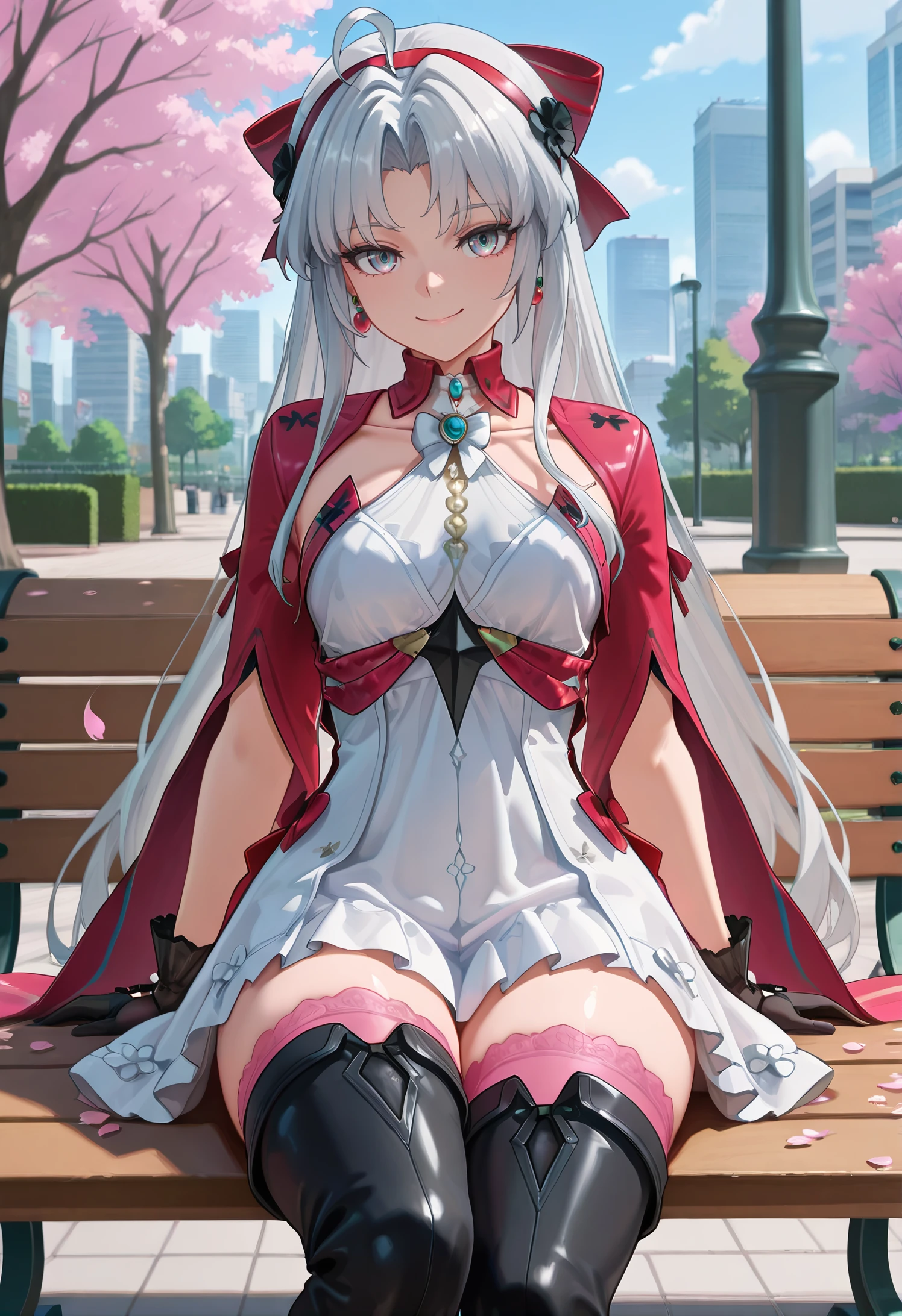 masterpiece,best quality,absurdres, amazing quality, shiny skin,
tokyo \(city\), park, cherry blossoms, falling petals, cowboy shot, smile, looking at viewer, sitting, park bench, on bench, 
<lora:CarlottaILVP-08:1> carlottailvp, 1girl, long hair, dress, parted bangs, grey hair, gloves, black gloves, ahoge, white hair, white dress, jewelry, bow, earrings, blue eyes, hair bow, thighhighs, medium breasts, (black flowers hairband), very long hair, (red hairband), grey eyes, multicolored eyes, thigh boots, pink thighhighs, thighhighs under boots, high heel boots,