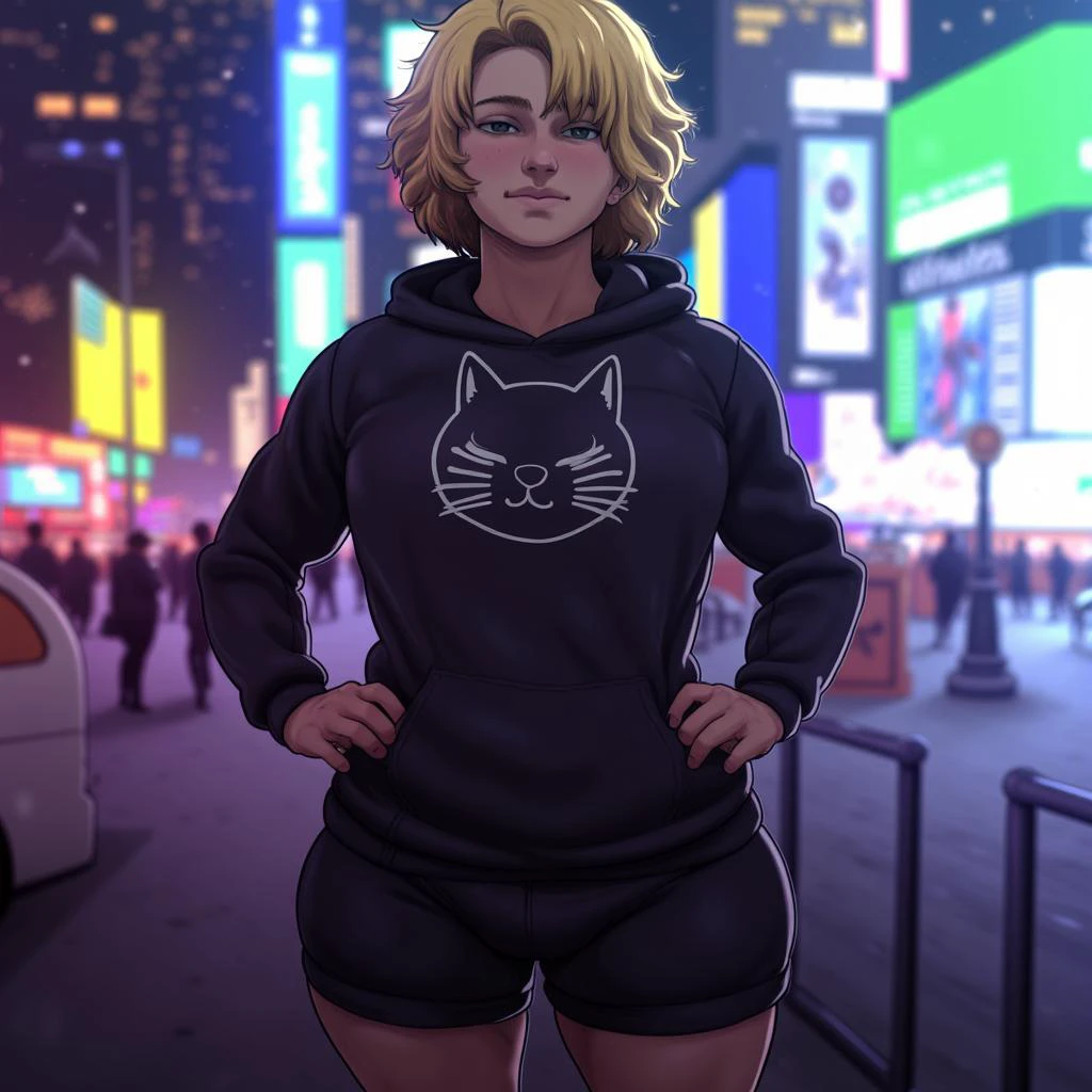 D-ART \(Artist\), @18dart5, @18dart3, @18dart2, @18dart1, 1 woman with short blonde curly hair, black hoodie with a minimalistic cat design on the front, her hands are on her hips and wearing with eyeliner, background is a street view of Newyork times square at night, neon signs in the background, it is snowing