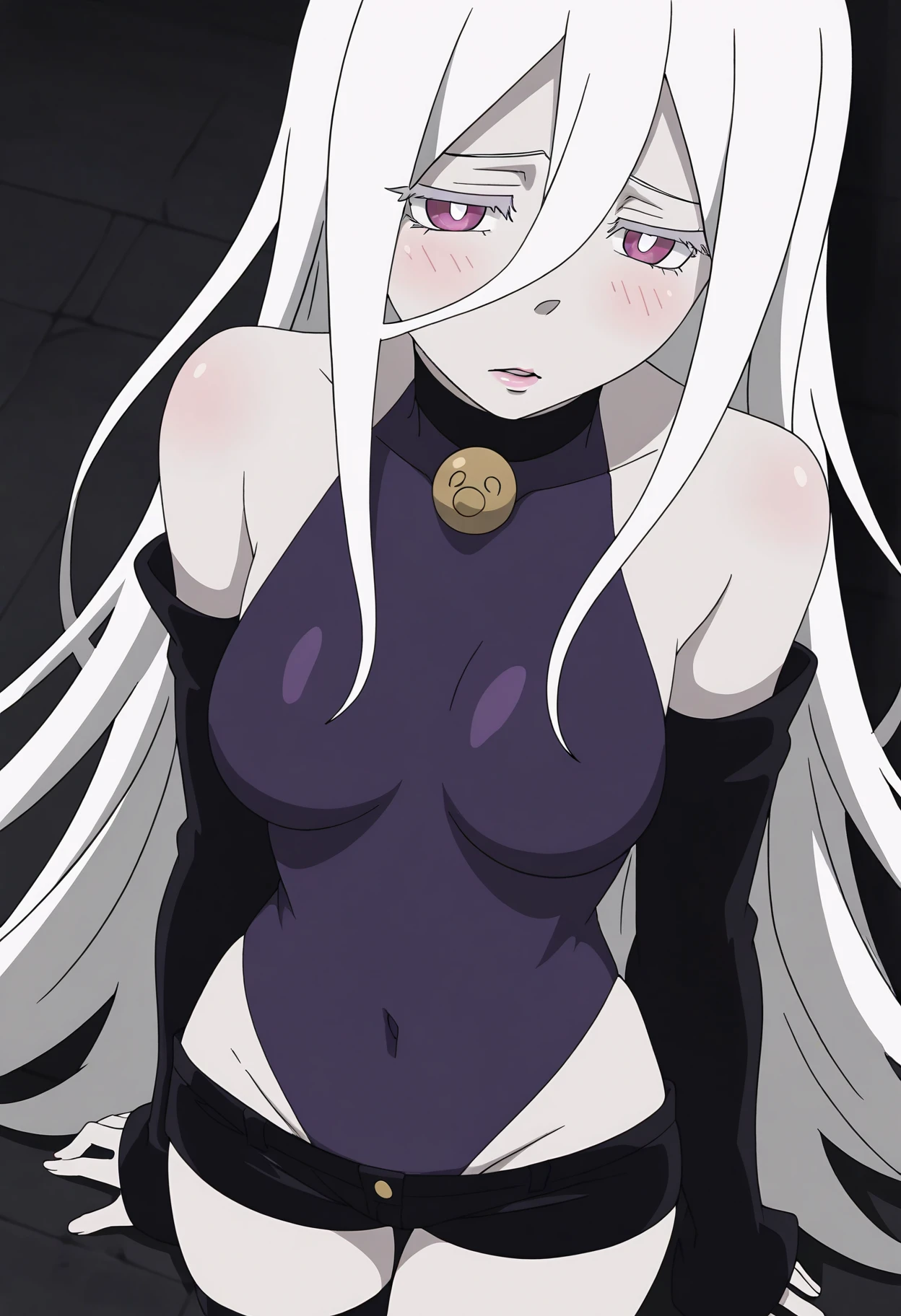 (Alta qualidade) solo, (Melhor qualidade, 8k, UHD: 1.2) obra-prima, melhor qualidade, altamente detalhado, ultra-detalhado, um extremamente delicado e belo, obra-prima, 1girl, solo, kaguya, matural female, seios grandes, cabelo longo, chifres, sobrancelhas curtas brancas, (pale skinned: 1.3), olhando para o espectador, sexy, gravata,corpo inteiro, corpo perfeito, sexy Body, na cama, Room, skirt Black, bra black, cadeira de rainha, rainha, sentada no trono, pernas cruzadas,