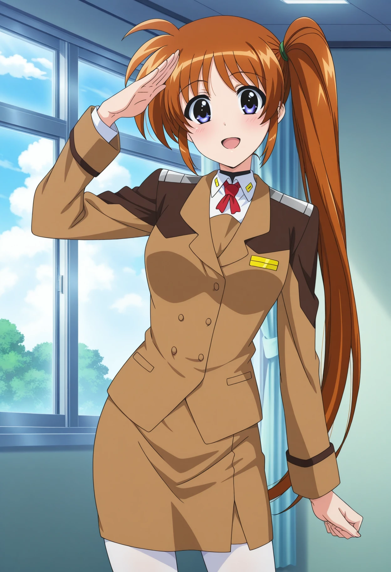masterpiece, absurdres, highres, 1girl, c-takamachi, very long hair, side ponytail, orange hair, ((brown jacket)), brown skirt, pencil skirt, long sleeves, white pantyhose, anime screencap, indoors day, looking at viewer, salute,