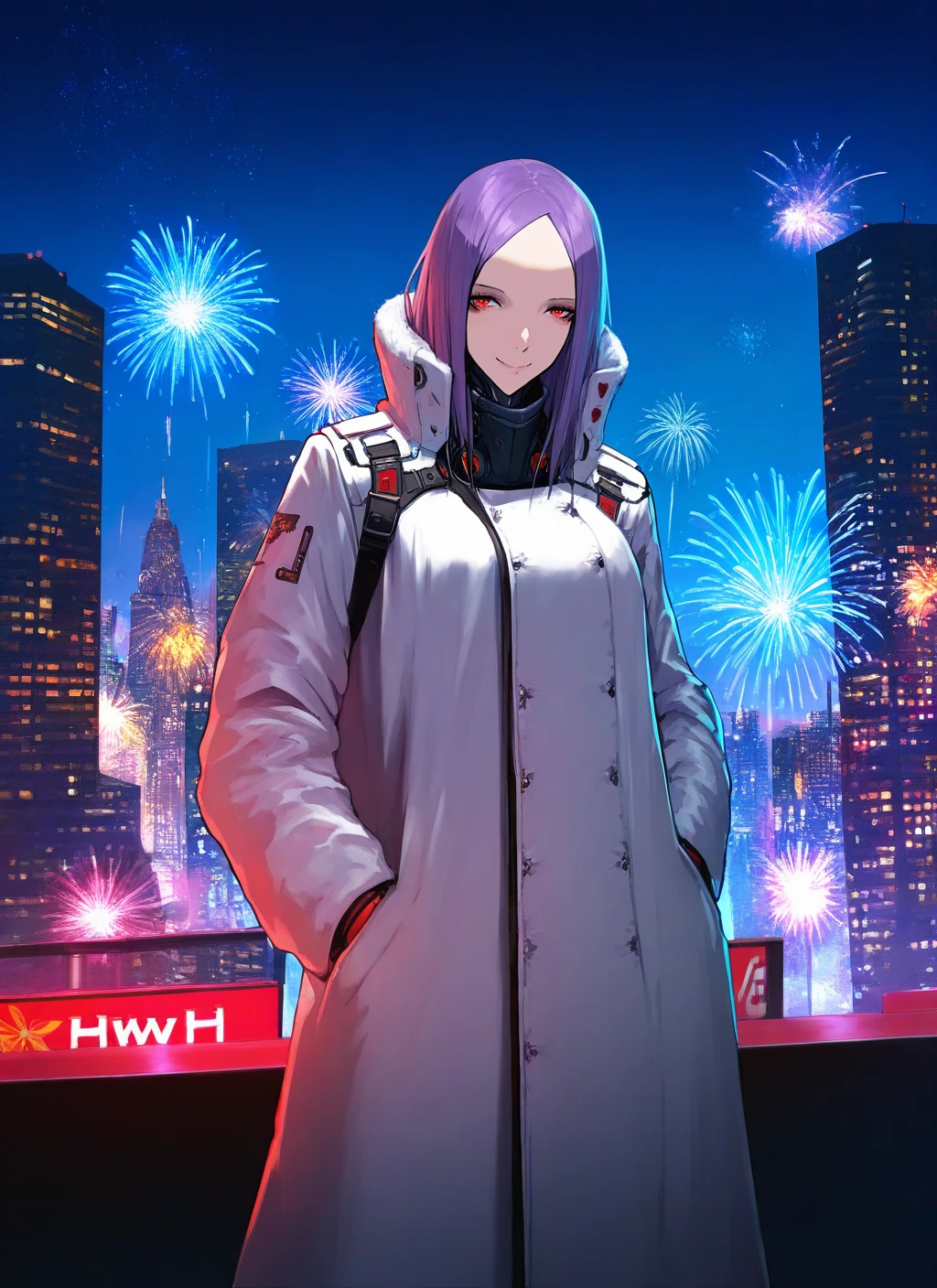artist:, masterpiece, best quality, newest, very awa, absurdres, highres, tmnh, 1girl, cyborg, smile, purple hair, red eyes, white coat, winter, city, fireworks, detailed, <lora:Tsutomu_Nihei_Blame_Style_Illustrious:1.0>