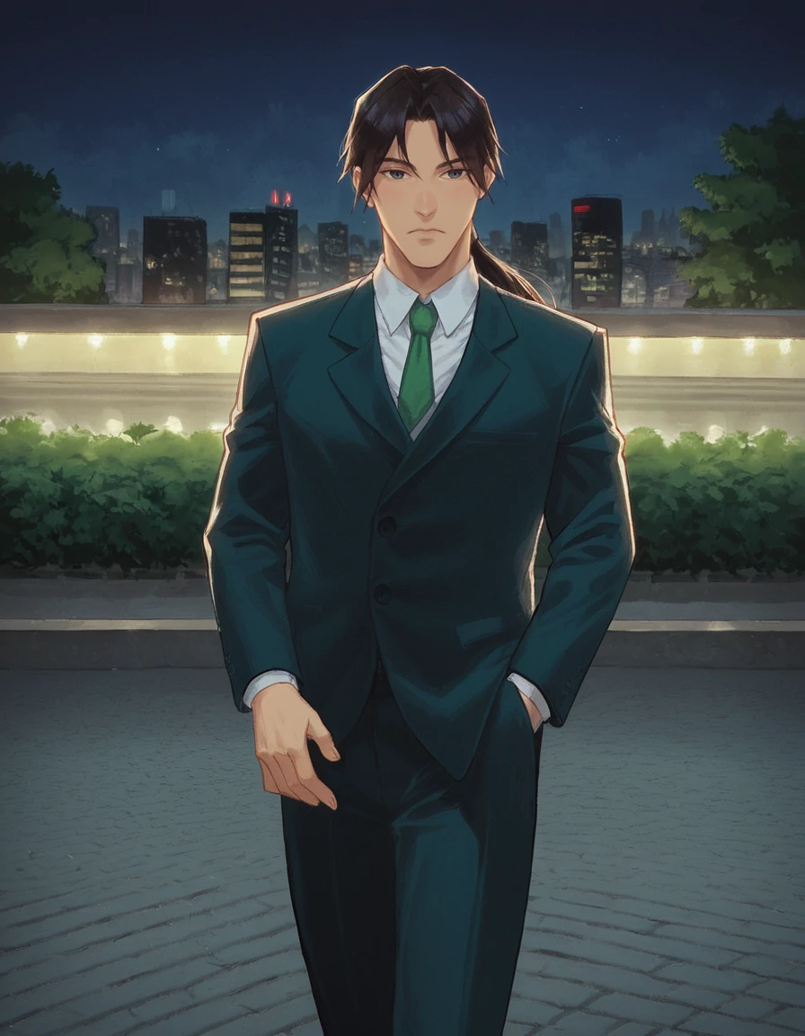 score_9, score_8_up, score_7_up, zPDXL, masterpiece, anime, <lora:sn0wStyle:1> <lora:HKHorrorXL:1> solo, 1boy, necktie, male focus, formal, green necktie, suit,  outdoors, black hair, long sleeves, shirt, ponytail, long hair, keiya tenpouin <lora:Keiya_Tenpouin_Evil_Zone:0.9> night, city