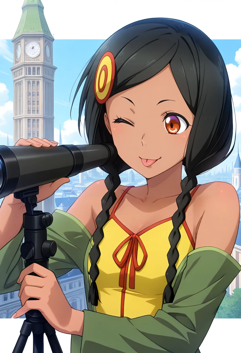 masterpiece, best quality, anime screen, 1girl, solo, <lora:ill_sazanka:1>, evol_sazanka, upper body, green coat, yellow camisole, bare shoulders, detached sleeves, dark-skinned female, black hair, parted bangs, twin braids, hair ornament, brown eyes, smile, one eye closed, looking in telescope, :P, Switzerland city, tower, at noon