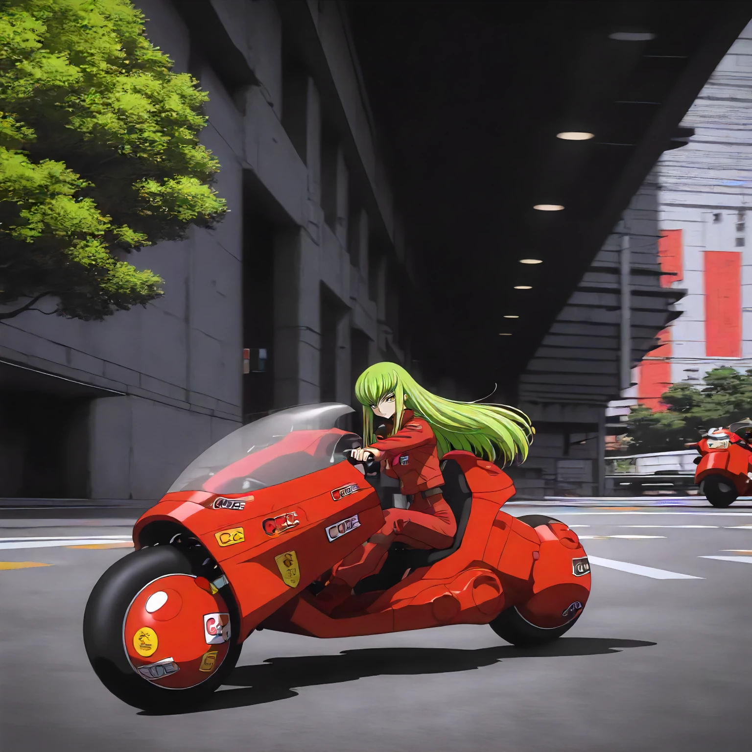 <lora:akira_kaneda_shoutarou's_bikeXLIllustrious002>,
masterpiece,best quality,good quality,newest,
detailed background,outdoors,
looking at viewer,
solo,
anime coloring,
1girl, c.c., code geass
riding,
kaneda_shoutarou's_bike\(akira\),big scooter,large motorcycle,tire,red motorcycle,emblem,sticker,logo,ground vehicle,