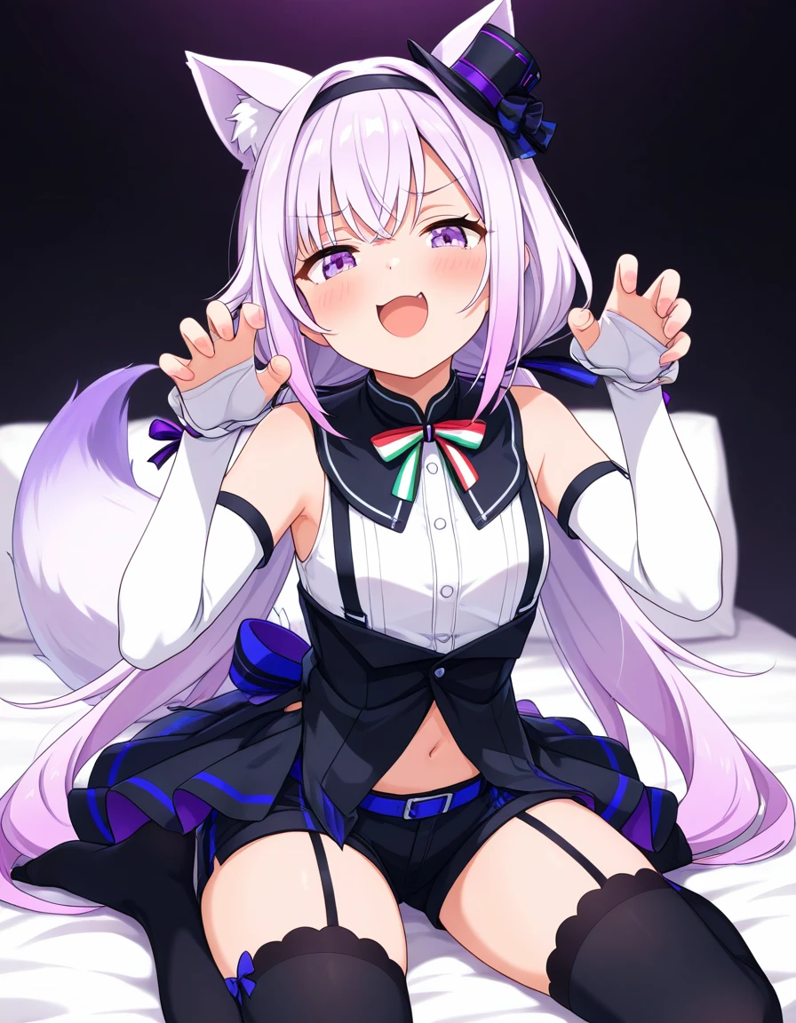 masterpiece, best quality, very aesthetic, absurdres,  1girl, carropino, pino2nd, smug, open mouth,  fox ears,  low twintails, mini top hat, hair bow, multicolored bowtie, elbow gloves,  black short shorts, black thighhighs, fox tail, claw pose<lora:ILcarropino_v1.1:0.7>