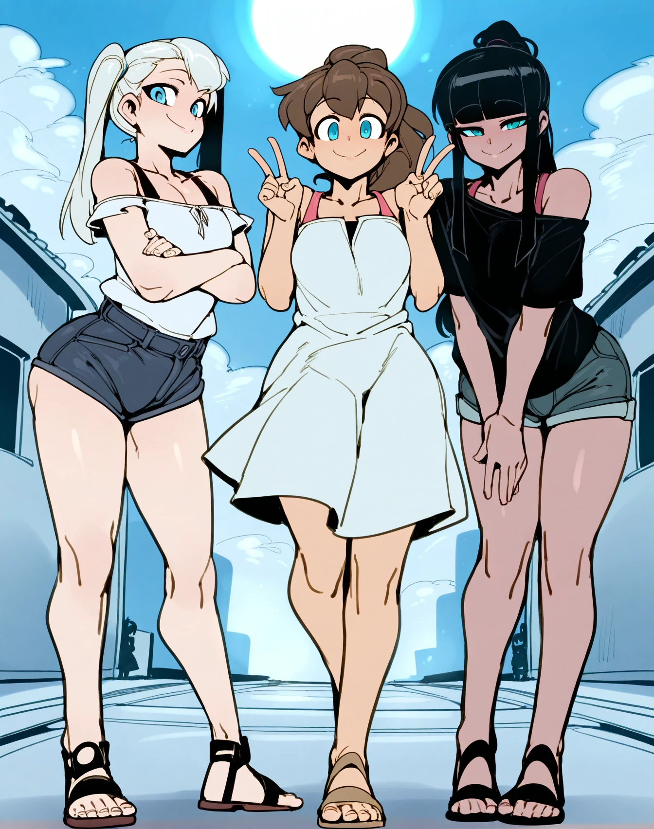 <lora:_doppel_NAIXL:1> art by doppel, artist:doppel, best quality, masterpiece, source_anime, long hair, looking at viewer, smile, blue eyes, shirt, skirt, multiple girls, brown hair, black hair, dress, bare shoulders, twintails, standing, full body, white hair, ponytail, outdoors, sky, shorts, sleeveless, day, cloud, blunt bangs, 3girls, white dress, off shoulder, blue sky, black shirt, lips, short shorts, v, sandals, crossed arms, sunlight, standing on one leg, denim, building, denim shorts, double v, off-shoulder shirt, sun, bra strap