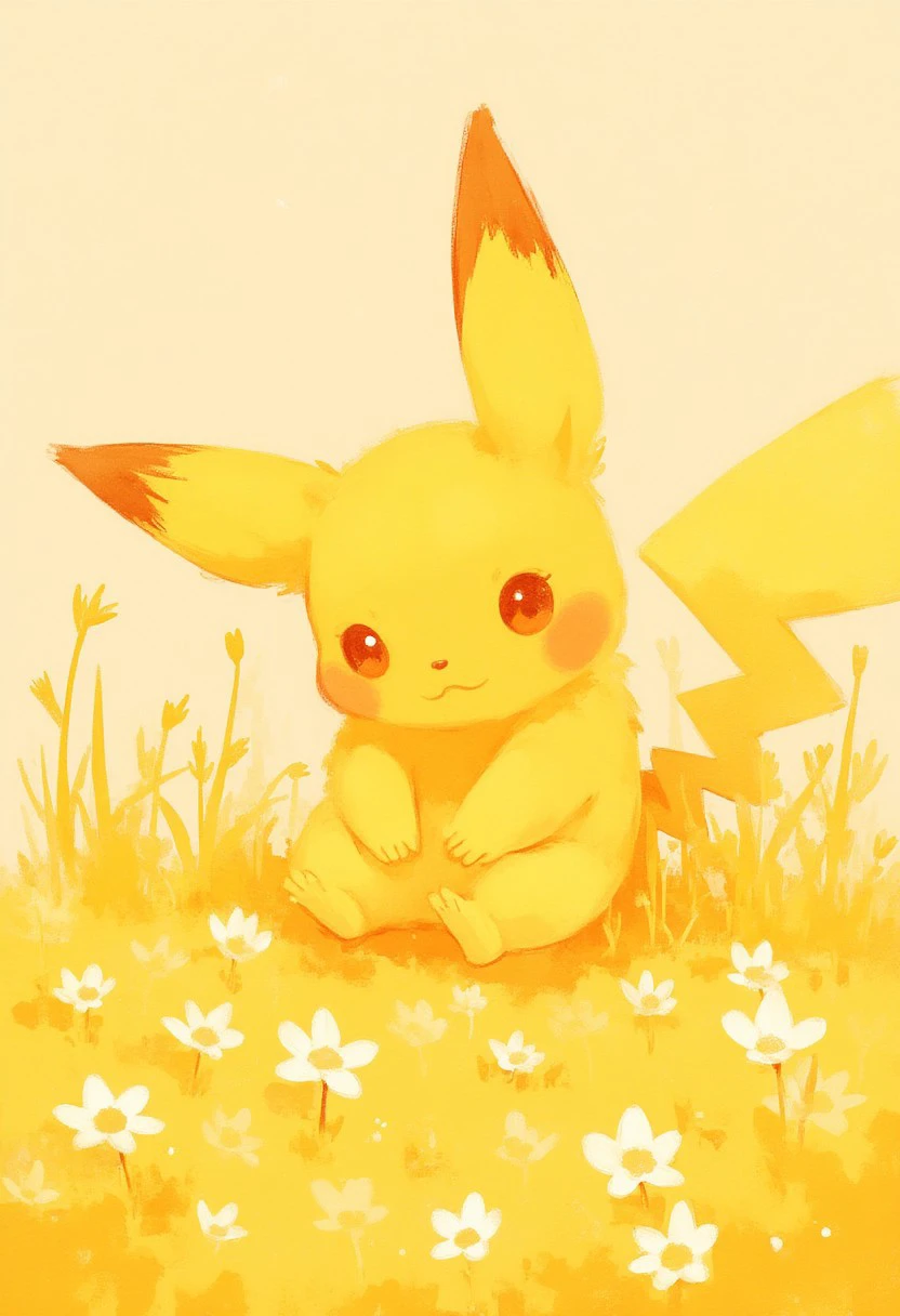 Cute chubby Pikachu in the grass with small white flowers,soft pastel anime