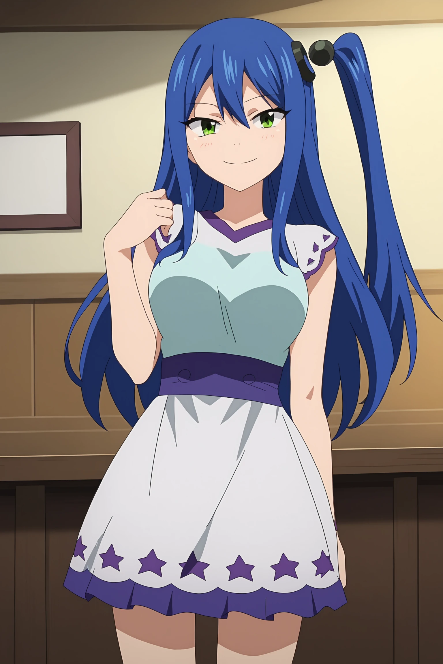 score_6_up, score_5_up, score_4_up, score_9, score_8_up, score_7_up, highly detailed, anime_source, anime_screencap, anime coloring, 1girl, solo, long hair, breasts, hair ornament, dress, green eyes, blue hair, one side up, labilia_christy, <lora:RGV_labilia_edenzero:0.8>, indoors, looking at viewer, smile, cowboy shot