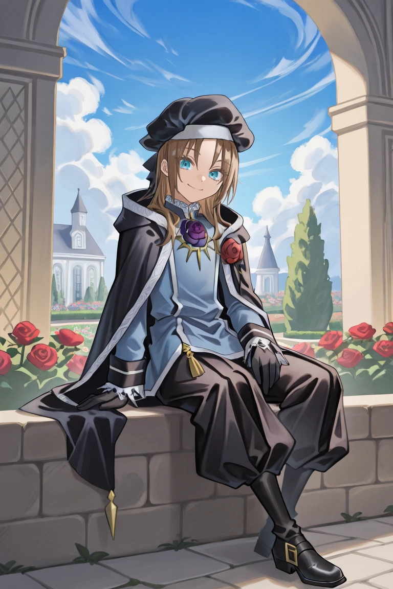 <lora:RoswellIL:0.8> , roswdef, 1boy, brown hair, long hair, blue eyes, black beret, black cloak, blue uniform, long sleeves, frilled sleeves, black gloves, puffy pants, black pants, black footwear, sitting, full body, rose garden, courtyard, smile, exterior, blue sky, clouds, looking at viewer, masterpiece, very aesthetic, absurdres, best quality, amazing quality, high resolution, <lora:illustrious_quality_modifiers_masterpieces_v1:0.8> , <lora:ChamIllustriousBackgroundEnhancer:0.5>,  solo,