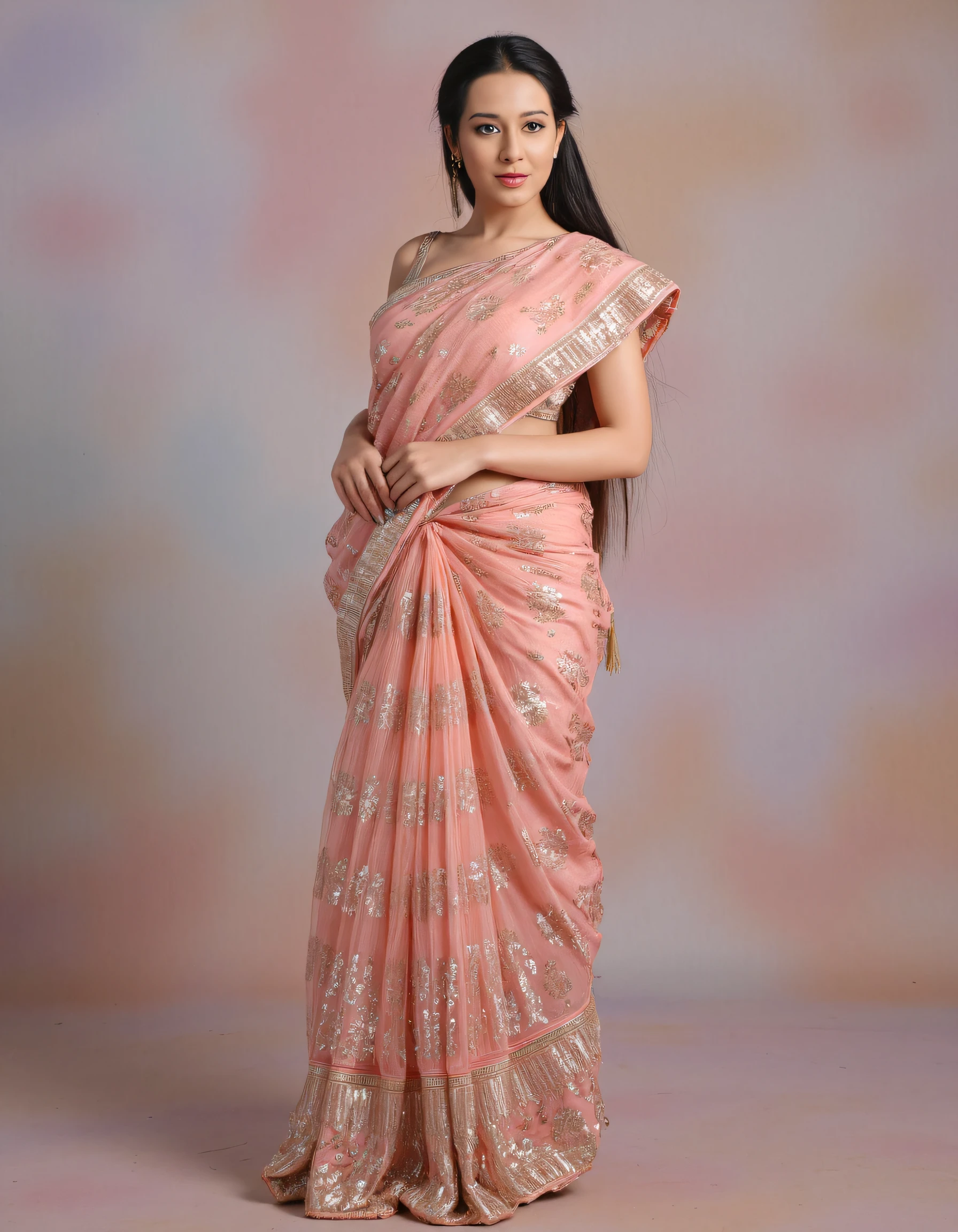 full body photo of Amrita Rao woman,hyper realistic candid photo  serious,studio quality, wearing intricate conservative sleeveless Plum Saree, high ponytail, pastel shaded multicolored background, cinematic lighting   <lora:Amrita_Rao_Flux_Kohya_LoRA_v1:1>âââ