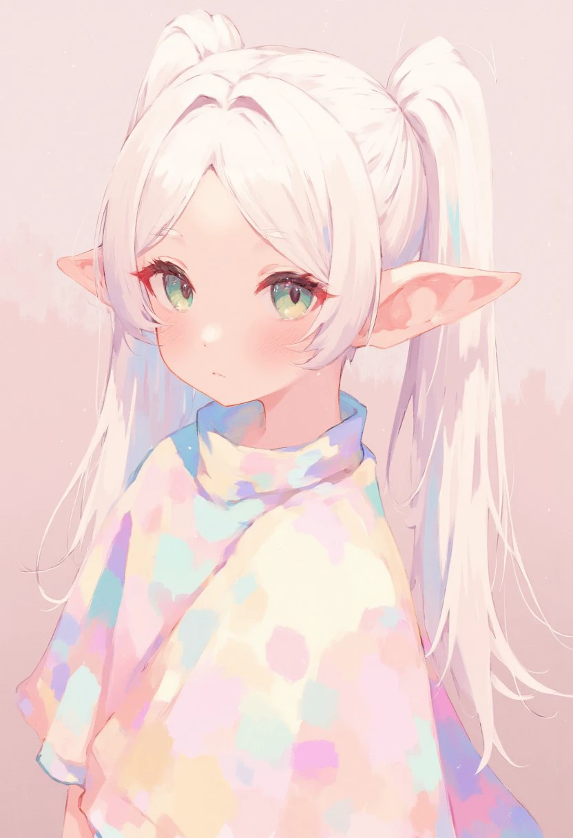 soft pastel anime, nereirfpnxl, frieren, elf, pointy ears, green eyes, white hair, twintails