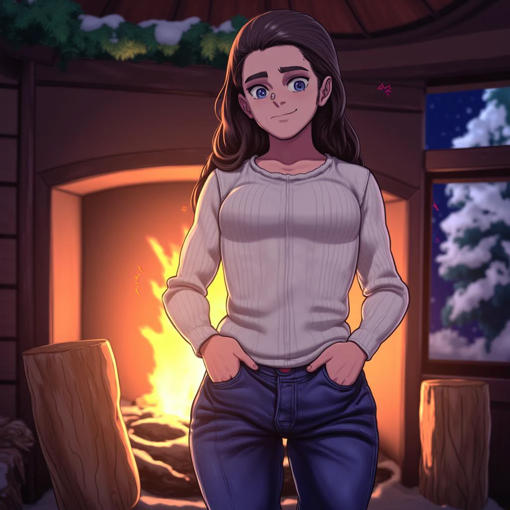 D-ART \(Artist\), @18dart5, @18dart3, @18dart2, @18dart1, 1girl, solo, (((portrait shot))), looking at viewer, blue eyes, long brown hair, Christmas sweater, background: indoors, winter log cabin with a burning fire place, Christmas tree, a young girl with long brown hair, wearing a white sweater and blue jeans, is standing in front of a large fire place, the fire is burning brightly, casting a warm glow on her face and body, she has a nose ring visible, there are two wooden logs to the left side of the image near the fire, behind her is an indoor setting with snow-covered trees and branches, some greenery can be seen through the windows above, it appears to be nighttime, creating a moody atmosphere., masterpiece, best quality, very aesthetic, absurdres