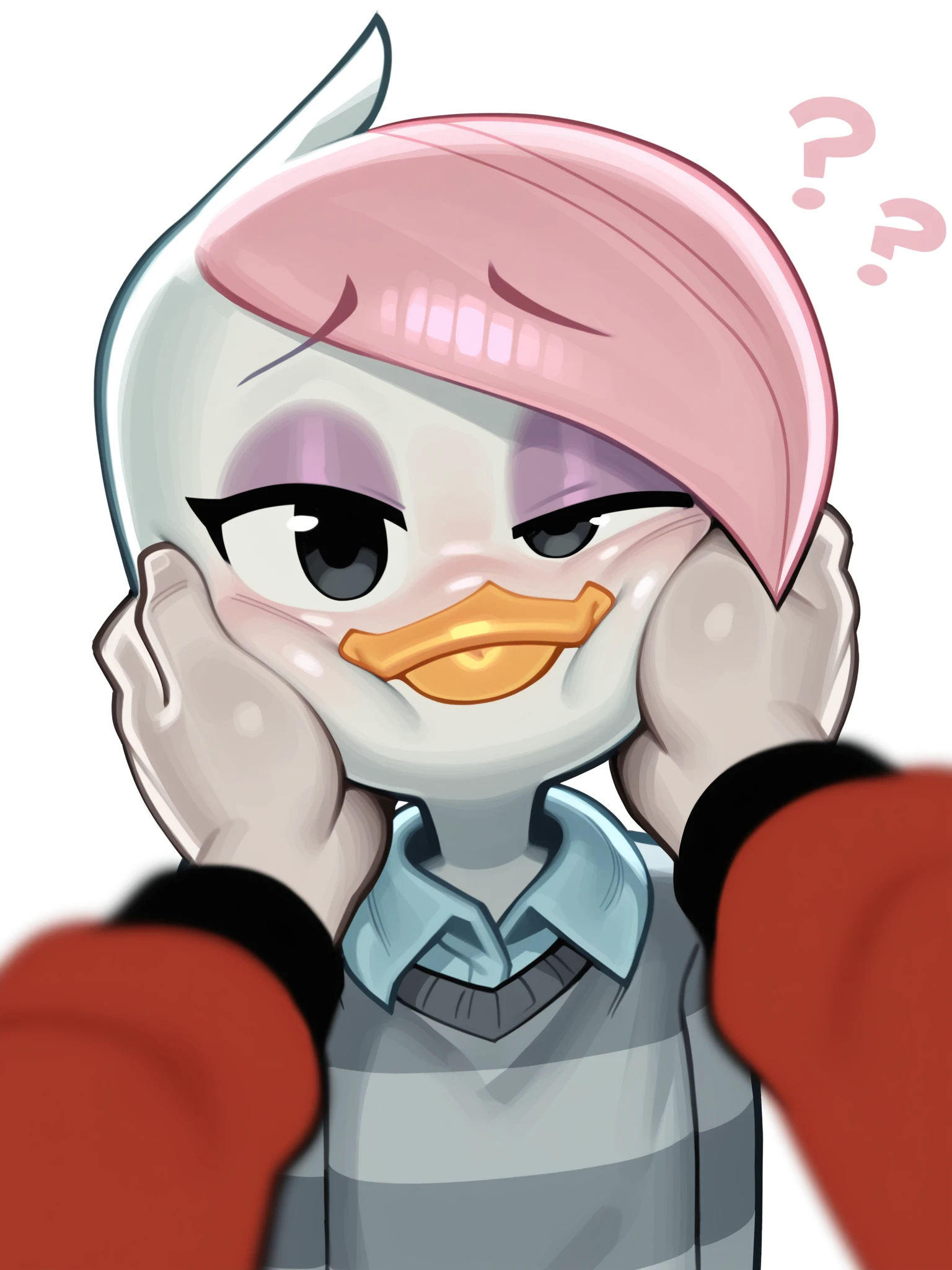 (masterpiece, best quality, very aesthetic, absurdres, artist:wamudraws, shaded, white background, backlighting) (depth of field, blurred foreground:1.3) solo focus, lena \(ducktales\), duck, white skin, blue collared shirt, blep, undershirt,  white body, grey sweater, striped sweater, dark clothing, beak, lena sabrewing, (one eye half-closed:1.3), young, headshot portrait, face squish, pov cheek grabbing \(meme\), pink highlights, swept bangs,  purple eyeshadow, confused <lora:Wamudraws_Style_Ill:1> <lora:Lena_Sabrewing:0.8>