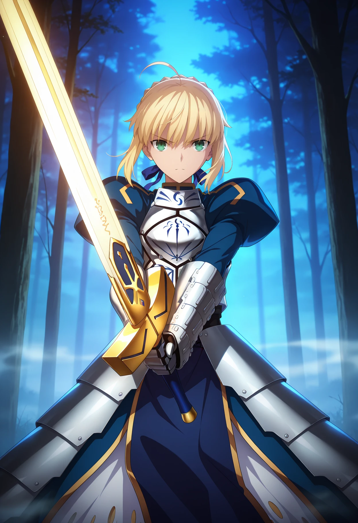 anime screencap, masterpiece, best quality,
<lora:FateStayNightUBW_Saber_IlluXL:0.9>,
1girl, solo, closed mouth, serious,
blonde hair, green eyes, short hair, french braid, ahoge, hair ribbon, blue ribbon,
SaberArmor, breastplate, blue dress, gauntlets, juliet sleeves, faulds,
holding sword, excalibur \(fate/stay night\),
standing, looking at viewer, cowboy shot, legs apart,
outdoors, night, blue theme, fog, forest