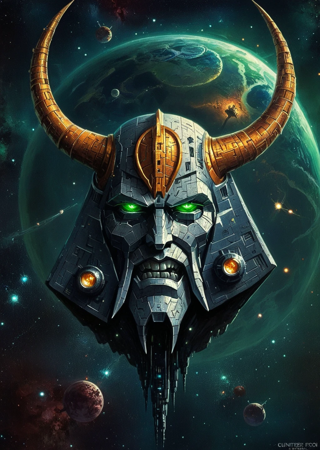 fantasy art deco, Unicron, masterpice retrostyle sci-fi art, anime, severed head flying in space, detailed face, horns, green eyes, stars, planet, 2d, digital painting, high quality, high detailed, sharp focus<lora:lora\Unicron_G1.safetensors:1.0:1.0>