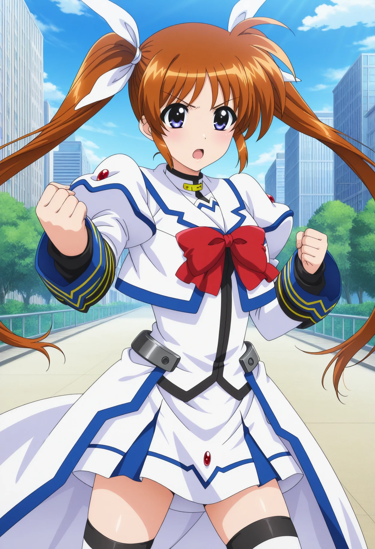 masterpiece, absurdres, highres, 1girl, c-takamachi, very long hair, twintails, orange hair, hair ribbon, white short dress, red bowtie, juliet sleeves, long sleeves, waist cape, white thighhighs, cowboy shot, floating hair, anime screencap, fighting stance, outdoors, city, day,