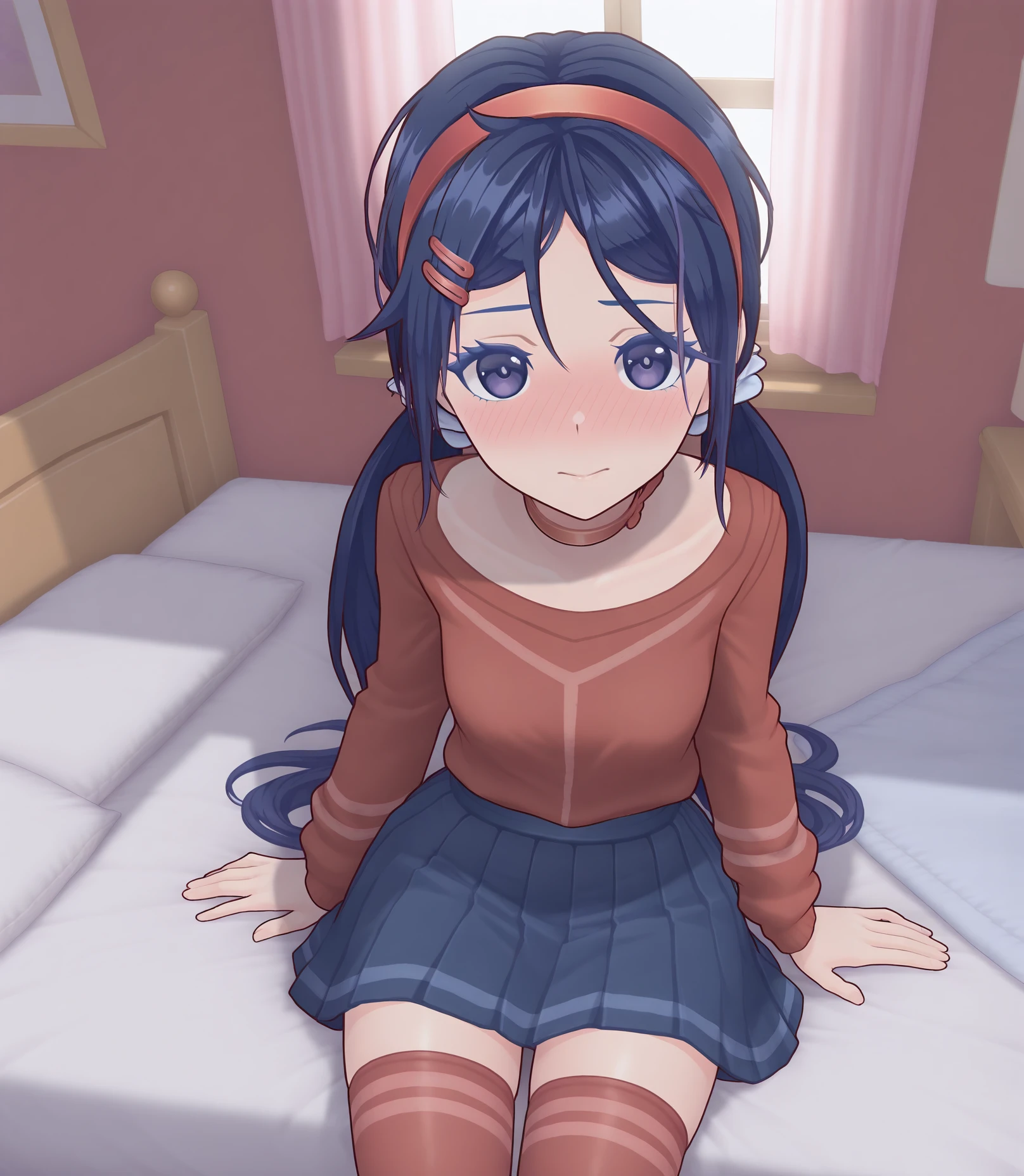 highres, hi res, best quality, masterpiece, 2d, intricate details, 4k, anime coloring, shadow, uncensored,
1girl, solo, female, eyelashes, nose, nose blush, long hair, bangs, blue eyes, hair ornament, twintails, blue hair, purple eyes, hairband, hairclip, parted bangs, red hairband, choker, 
skirt, shirt, thighhighs, long sleeves, pleated skirt, blue skirt, zettai ryouiki, red shirt, blue footwear, red thighhighs, sweater,
cowboy shot, looking at viewer, sitting, from above,
depth of field, indoors, window, bed, blanket, bedroom, <lora:Mita_ILXL:1>