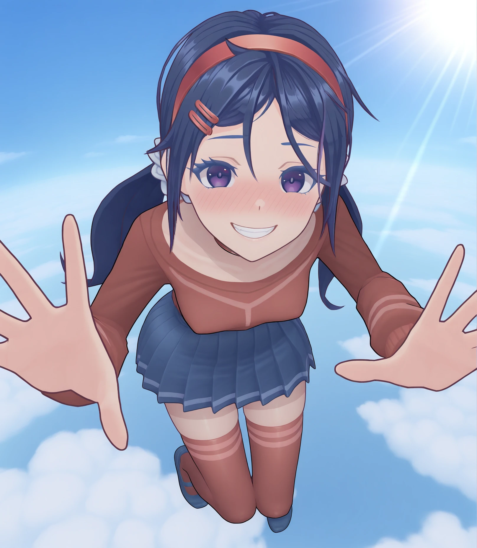 highres, hi res, best quality, masterpiece, 2d, intricate details, 4k, anime coloring, shadow, uncensored,
1girl, solo, female, eyelashes, nose, nose blush, grin, evil grin, yandere, long hair, bangs, blue eyes, hair ornament, twintails, blue hair, purple eyes, hairband, hairclip, parted bangs, red hairband, choker,
skirt, shirt, thighhighs, long sleeves, pleated skirt, blue skirt, zettai ryouiki, red shirt, blue footwear, red thighhighs, sweater,
full body, foreshortening, looking at viewer, jumping, bent legs, floating, from above,
depth of field, outdoors, in the sky, among the clouds, clouds, sky, blue sky, sun rays, sunlight, <lora:Mita_ILXL:1>